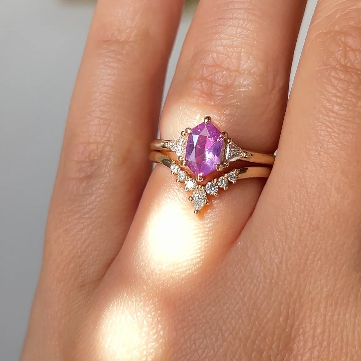 Pink Hexagon Sapphire Engagement Ring - Image 2