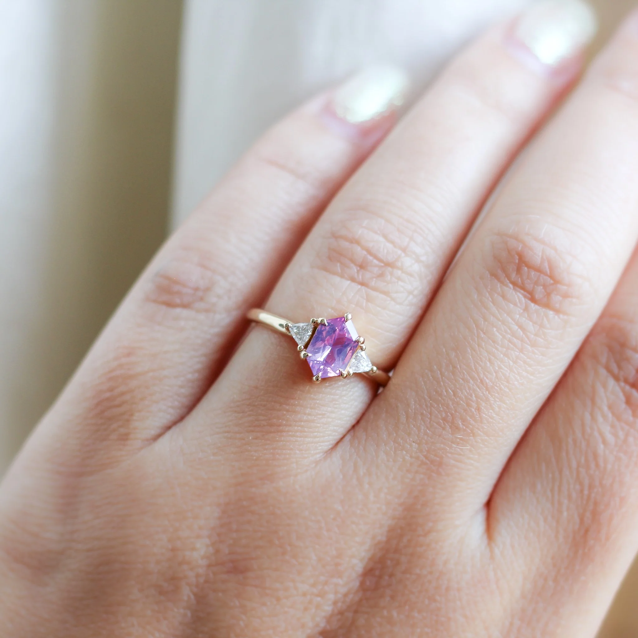 Pink Hexagon Sapphire Engagement Ring - Image 5