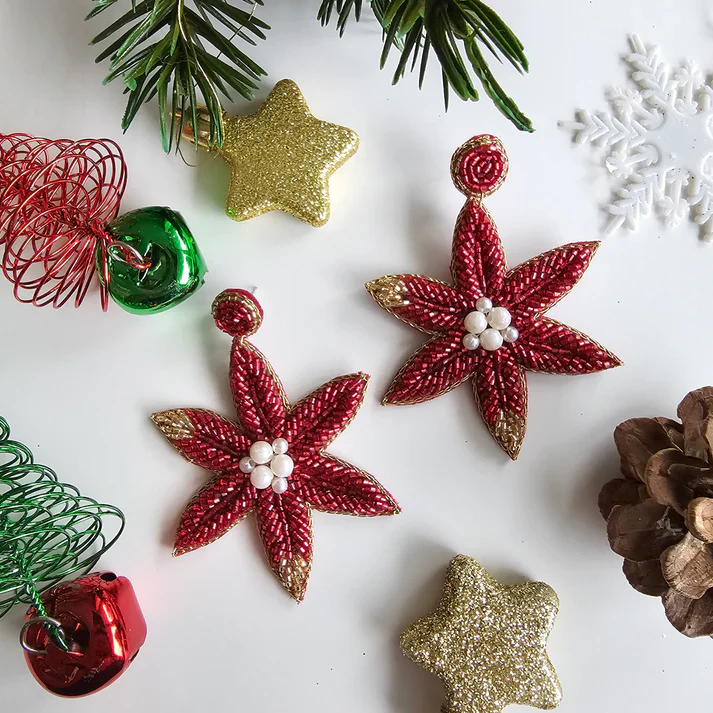 Poinsettia Earrings - Hand Embroidered - Image 2