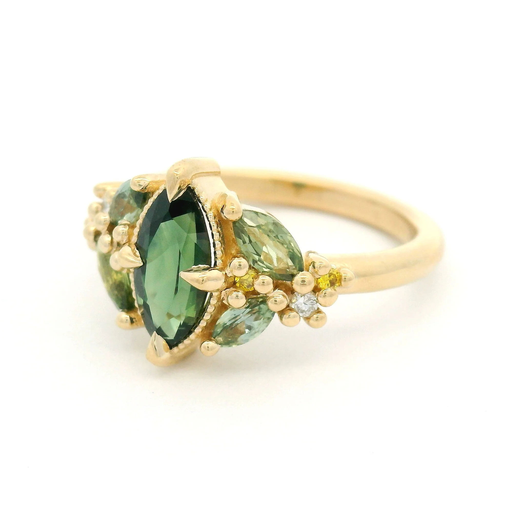 14k Yellow Engagement Ring with 1.01ct Natural Green Sapphire, Accent Natural Light Green Sapphires & Yellow Lab Diamonds - Image 2