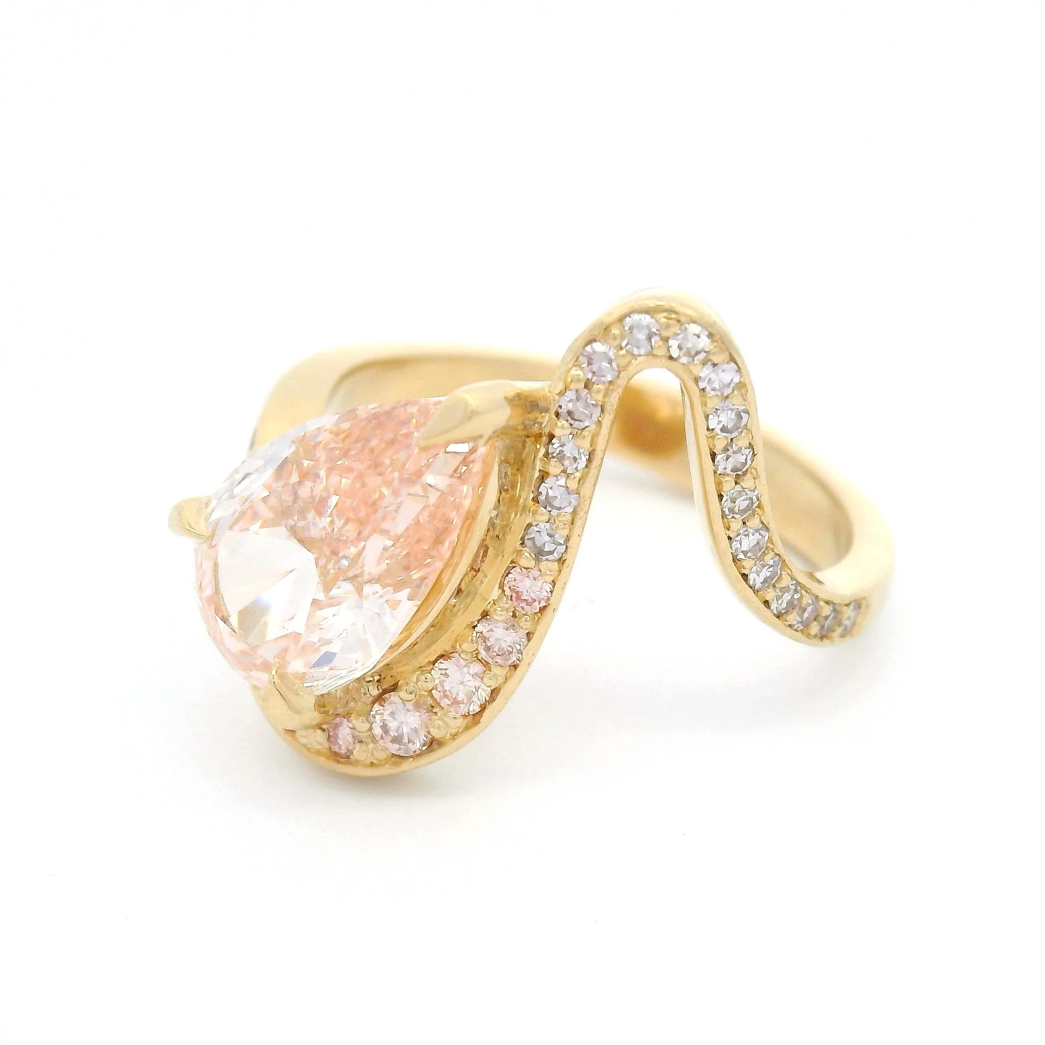 14k Yellow Wavy Engagement Ring with 2.11ct Lab-Grown Pink Pear-Shaped Diamond, Accent Lab & Natural Diamonds - Image 2