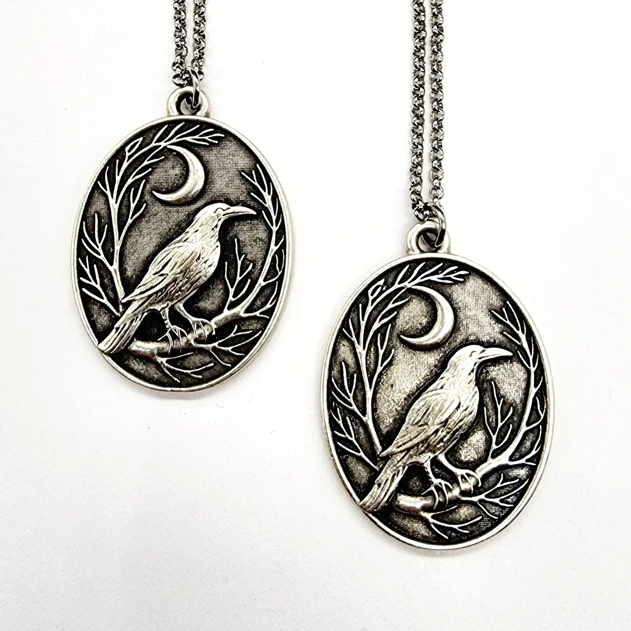 Raven and Crescent Moon Antique Silver Pendant Necklace - Image 2