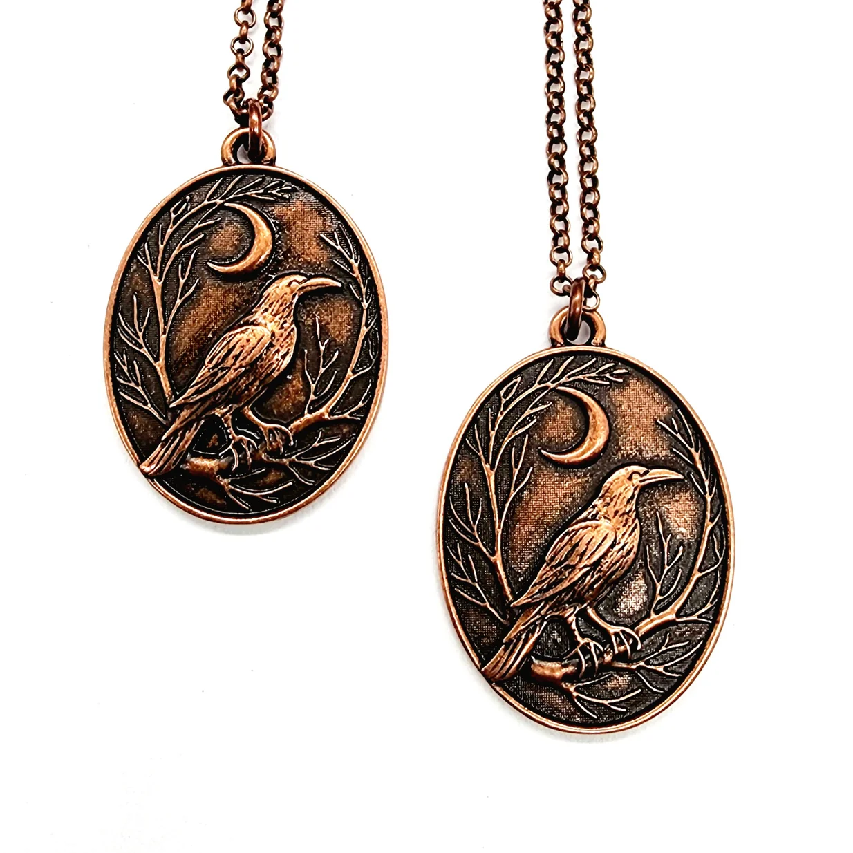 Raven and Crescent Moon Copper Pendant Necklace - Image 2