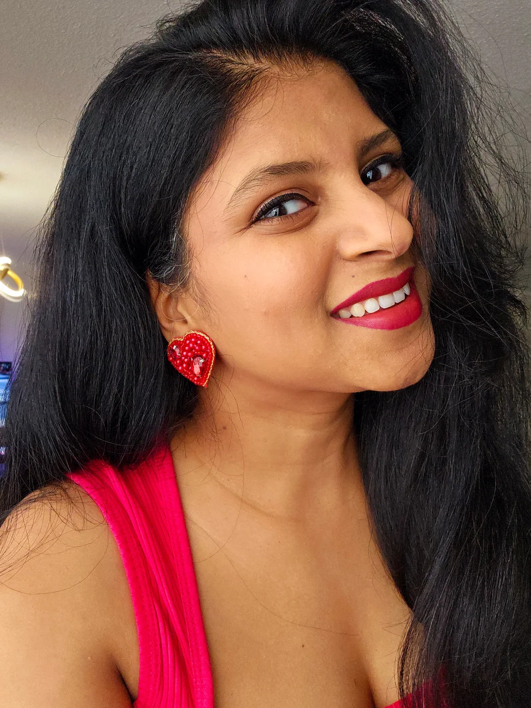 Red Heart Stud Earrings - Hand Embroidered - Image 2