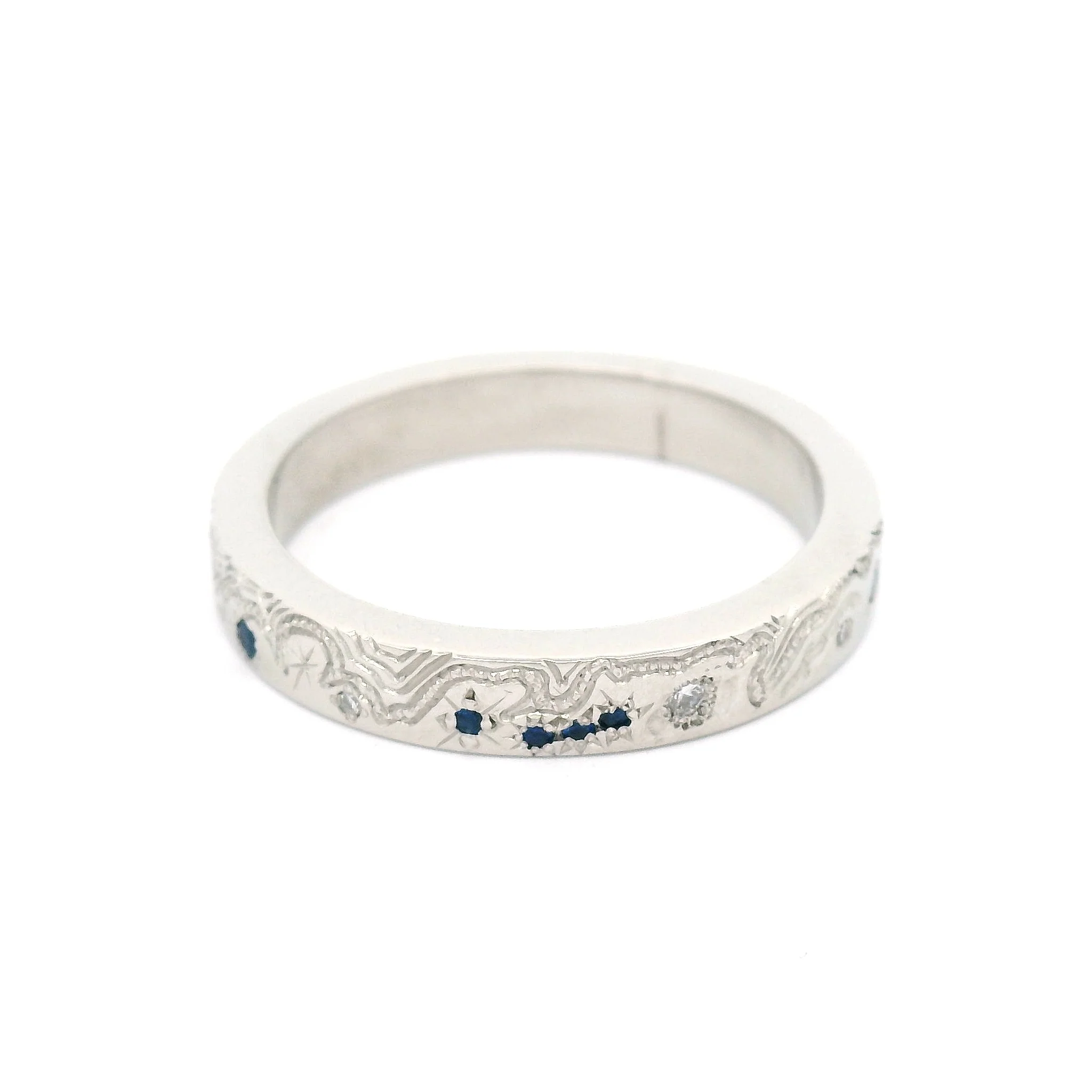 Platinum Hand-Engraved Band with Lab-Grown Sapphires and Lab-Grown Diamonds - Image 2