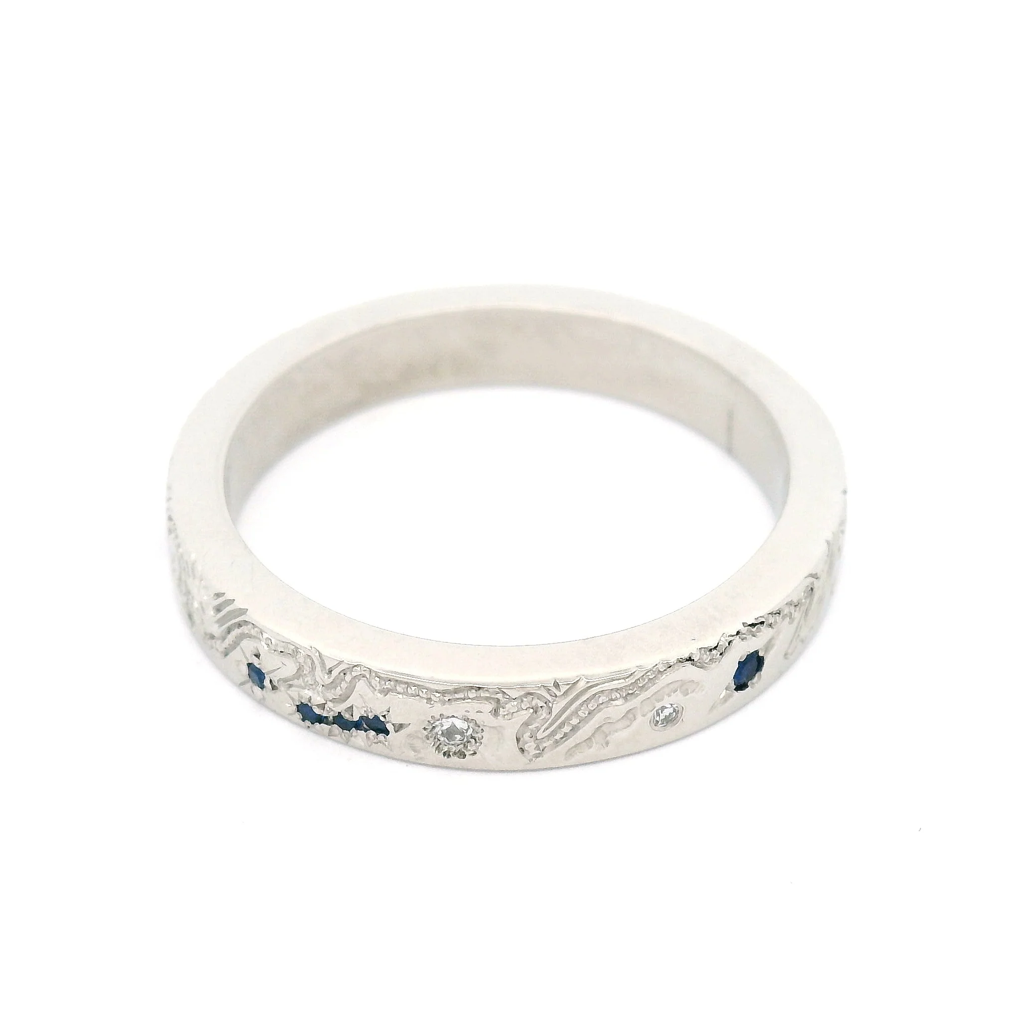 Platinum Hand-Engraved Band with Lab-Grown Sapphires and Lab-Grown Diamonds - Image 3