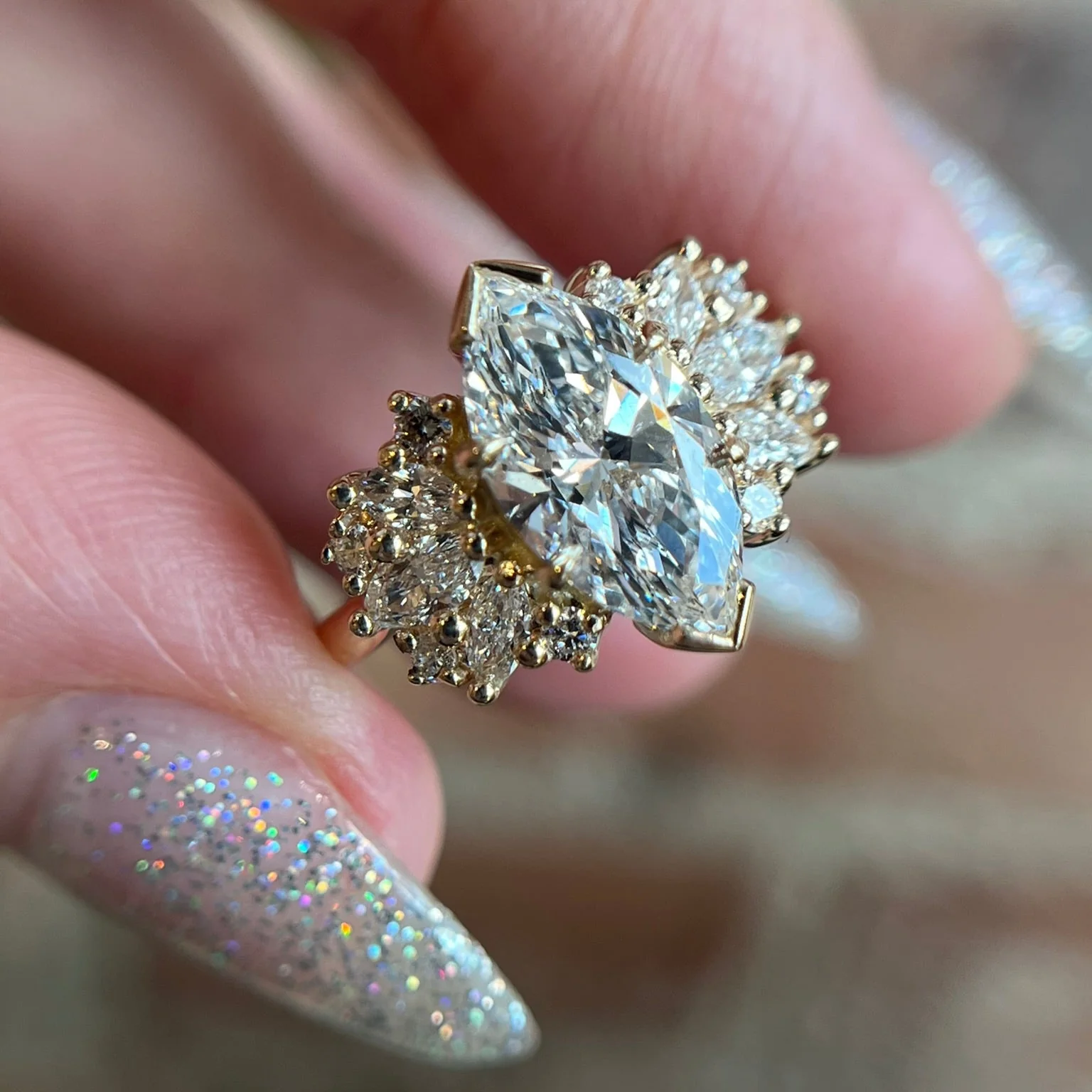 14k Yellow Engagement Ring with 2.0ct Marquise-Shaped Lab-Grown Diamond and Lab-Grown Accent Diamonds - Image 4