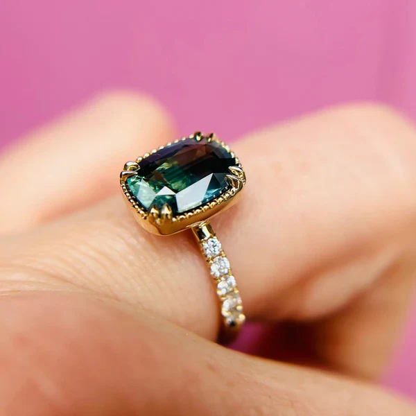 14k Yellow Ring with 2.48ct Teal Sapphire and Accent Diamonds - Image 3