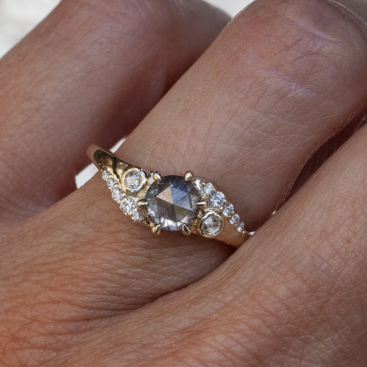 14k Yellow Engagement Ring with 0.98ct Rose-Cut Salt & Pepper Diamond and Accent Diamonds - Image 5