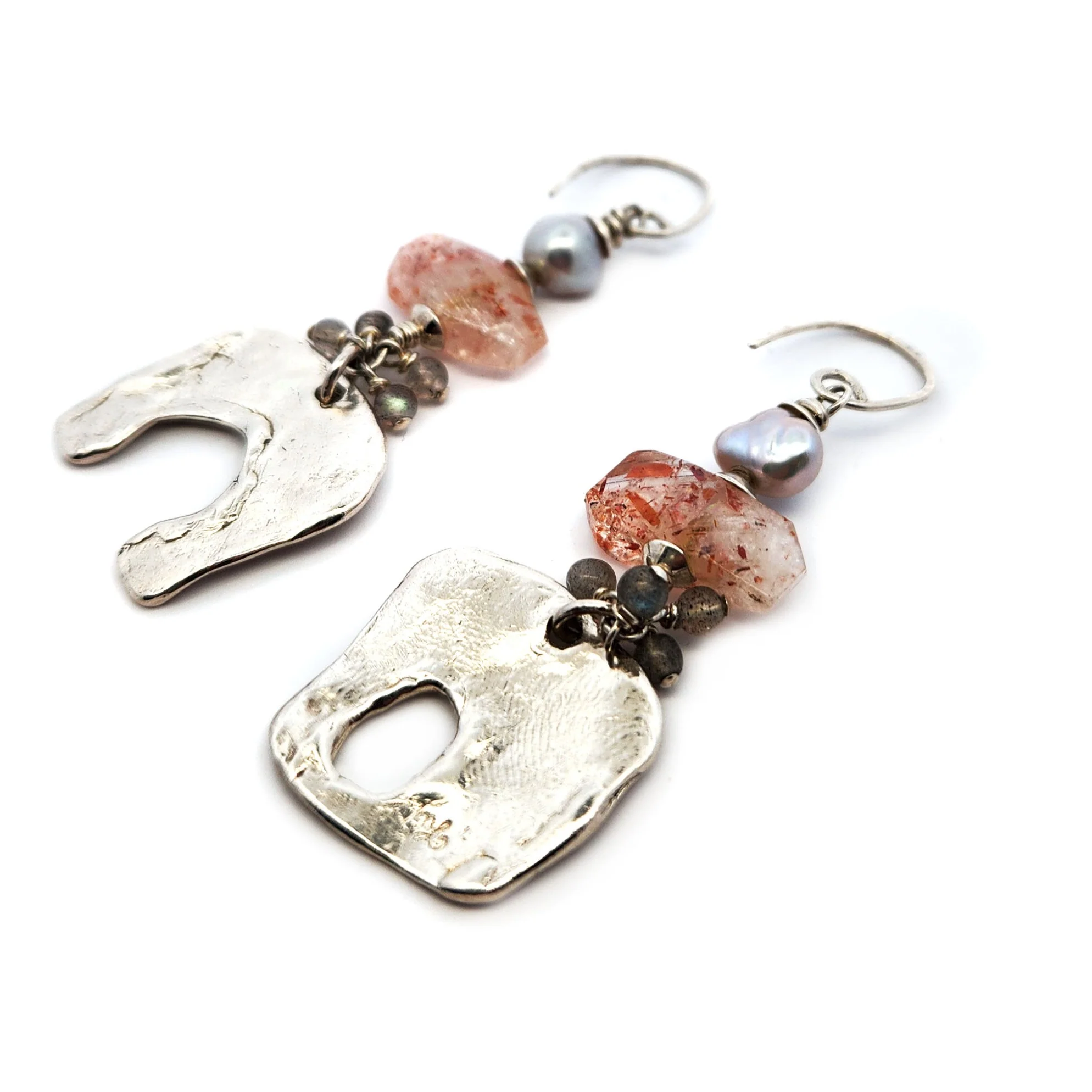 Silver Organic Earrings with Pearl & Sunstone - Image 2