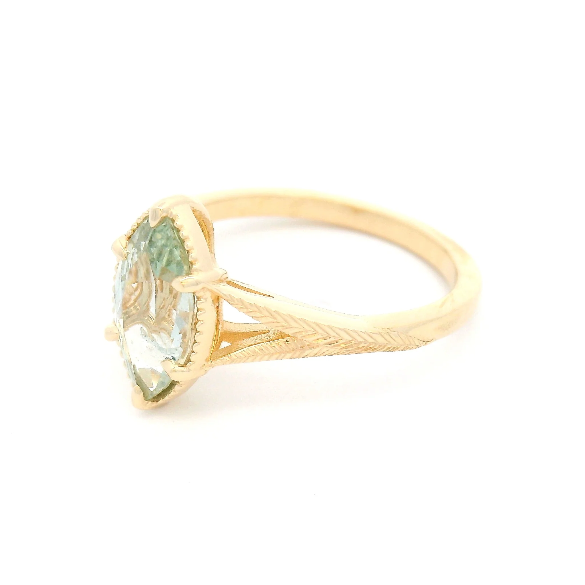 14k Yellow Split-Shank Engraved Solitaire with 1.71ct Natural Mint Marquise Sapphire - Image 3