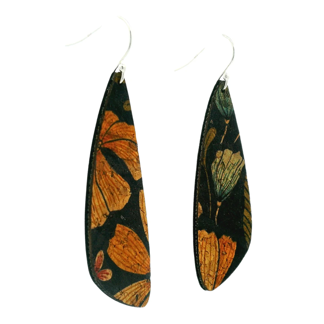 Small Floral on Black Cork Wing Earrings - Image 2