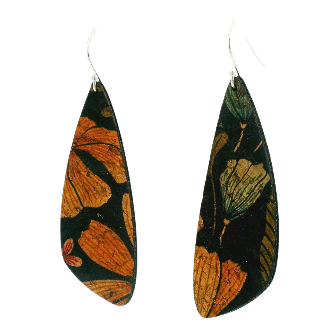 Small Floral on Black Cork Wing Earrings - Image 3