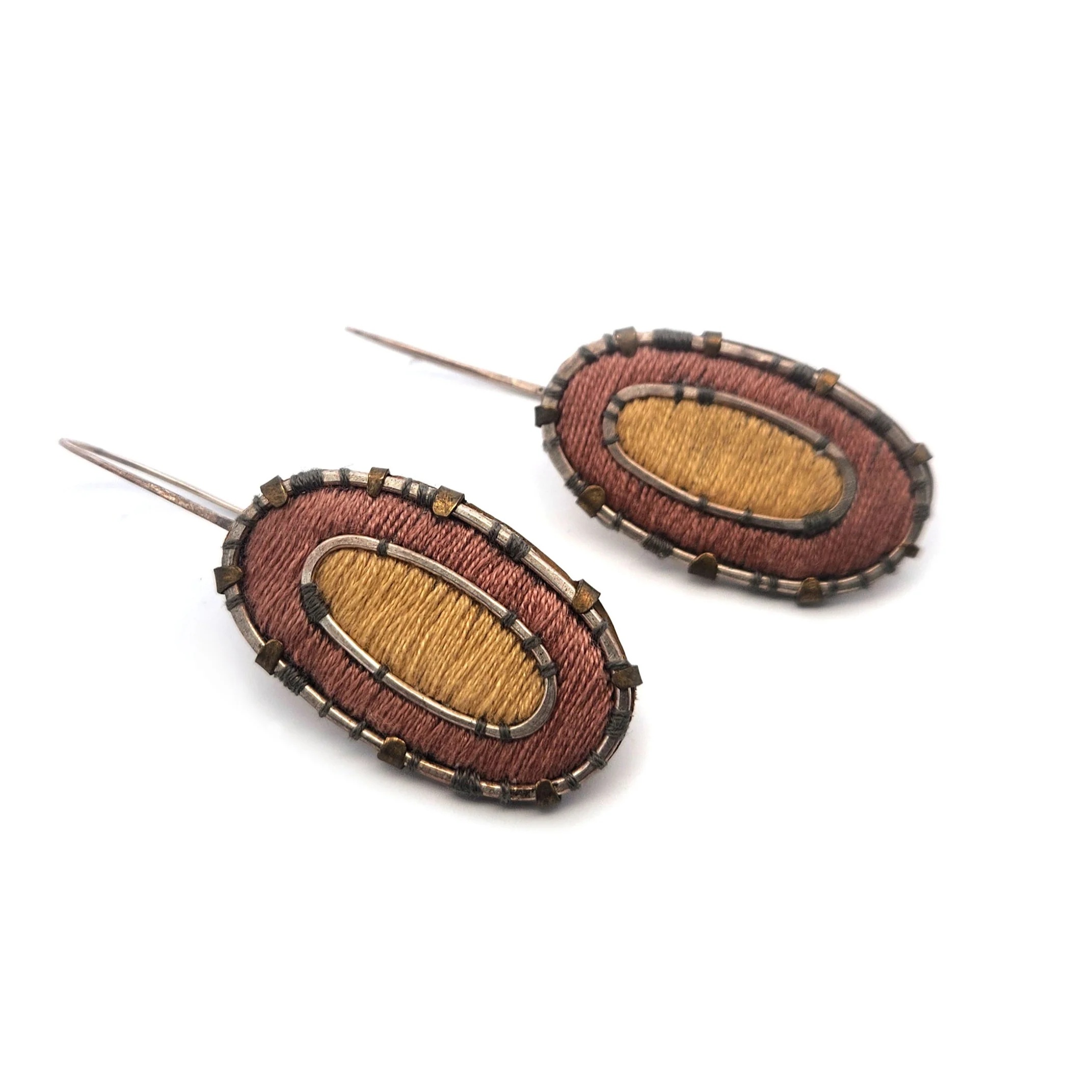 Textile Fabric Yellow & Brown Oval Earrings - Image 2