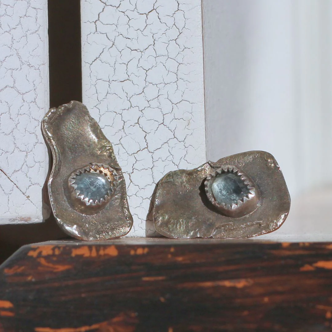 Textured Silver & Sapphire Studs - Image 2