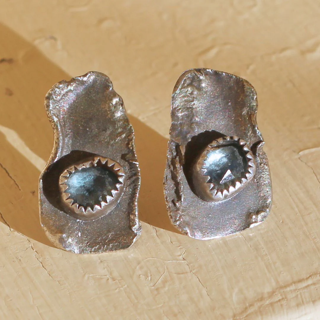 Textured Silver & Sapphire Studs - Image 3
