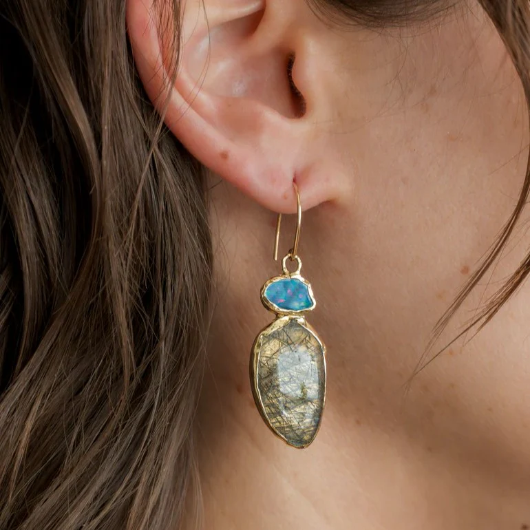 Tourmalated Quartz & Australian Opal Drop Earrings - Image 2