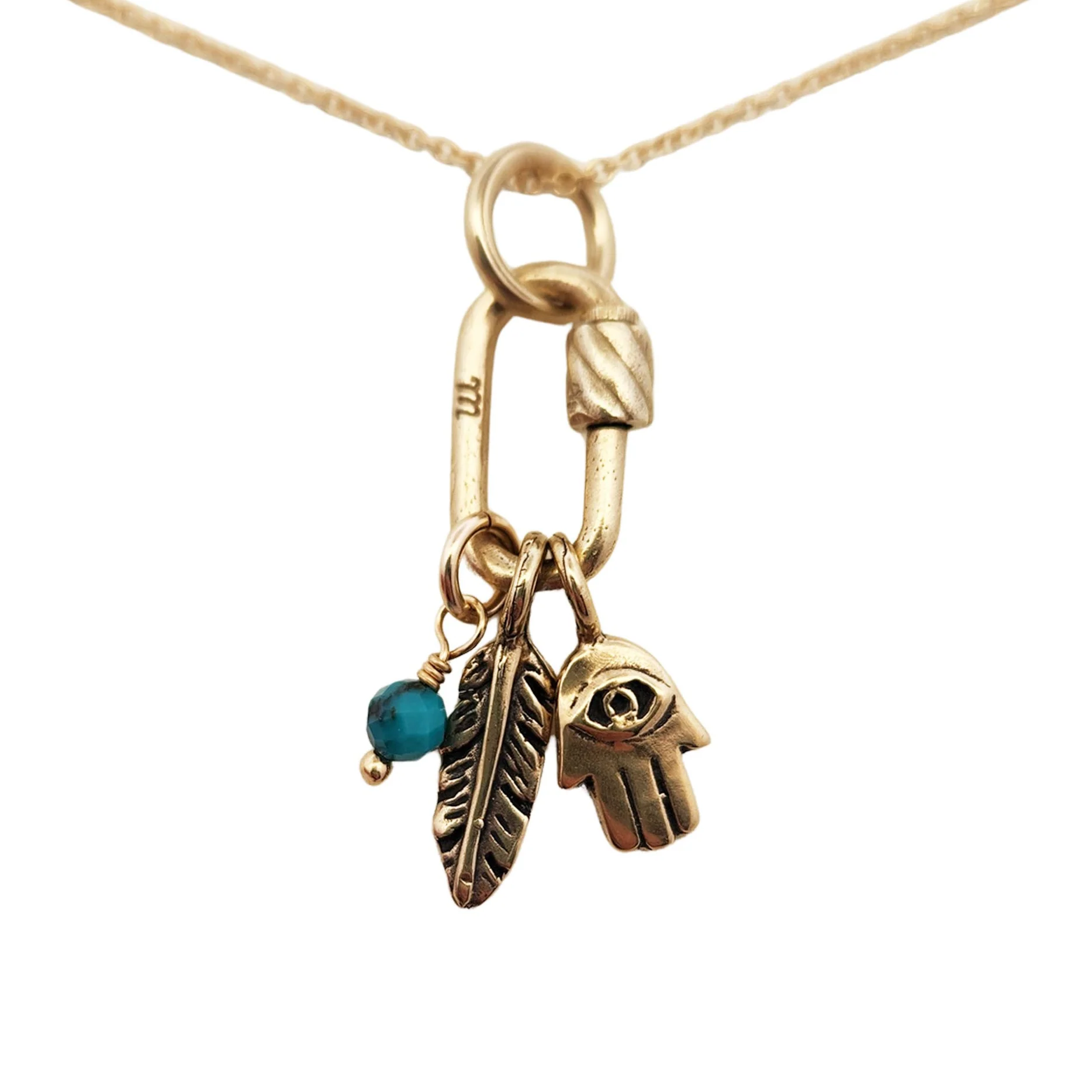 Turquoise, Feather & Hand Charm Necklace - Image 2