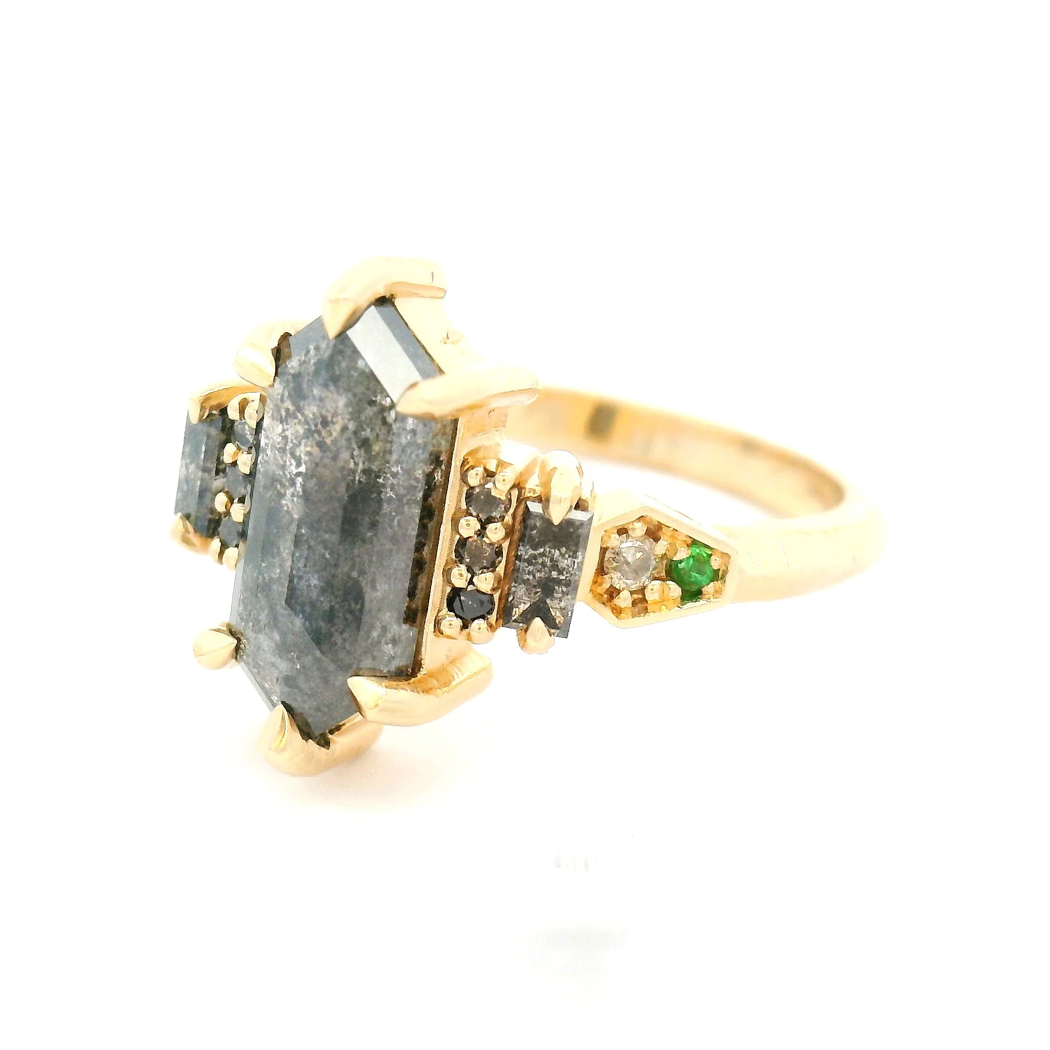 14k Yellow Ring with 2.36ct Rose-Cut Diamond, Accent Diamonds and Tsavorite Garnets - Image 2
