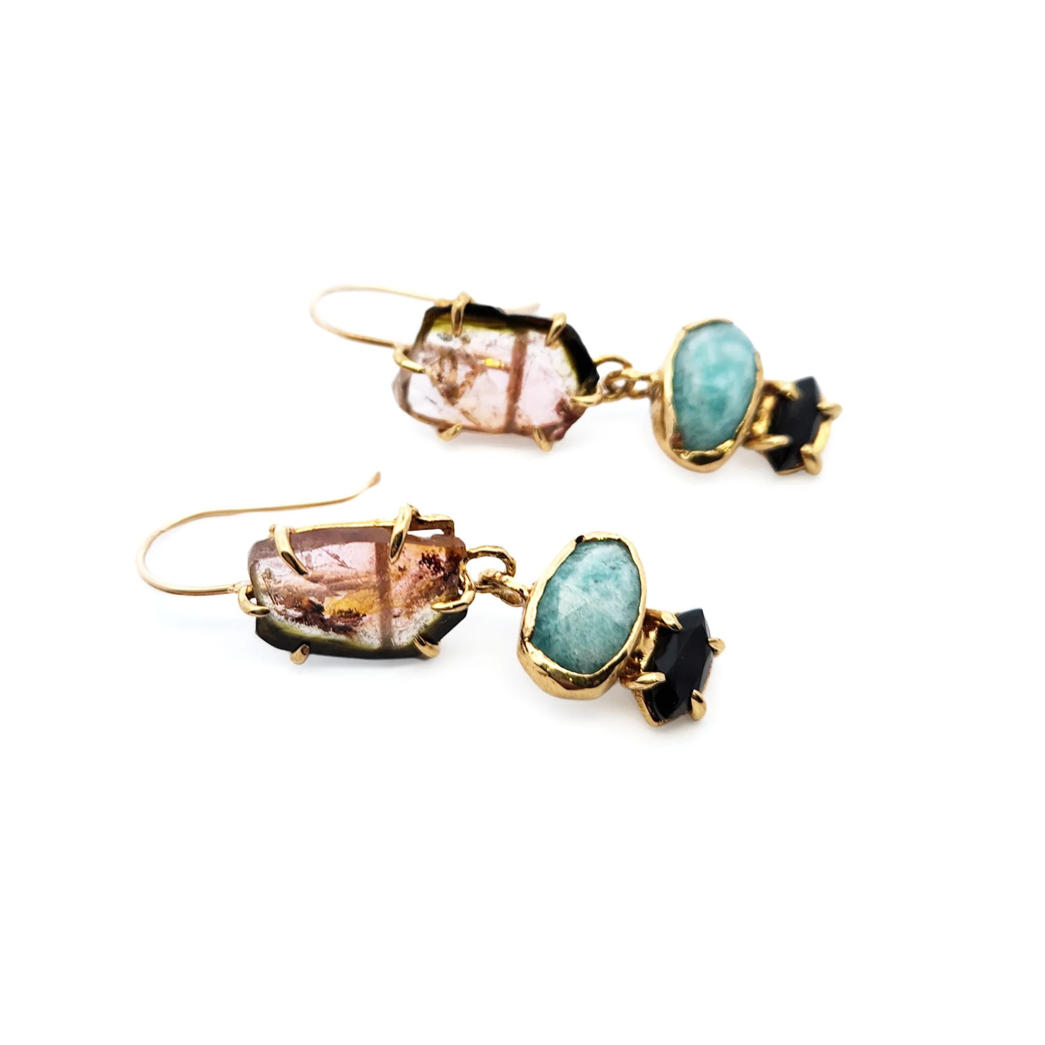 Watermelon Tourmaline, Amazonite & Onyx Drop Earrings - Image 2