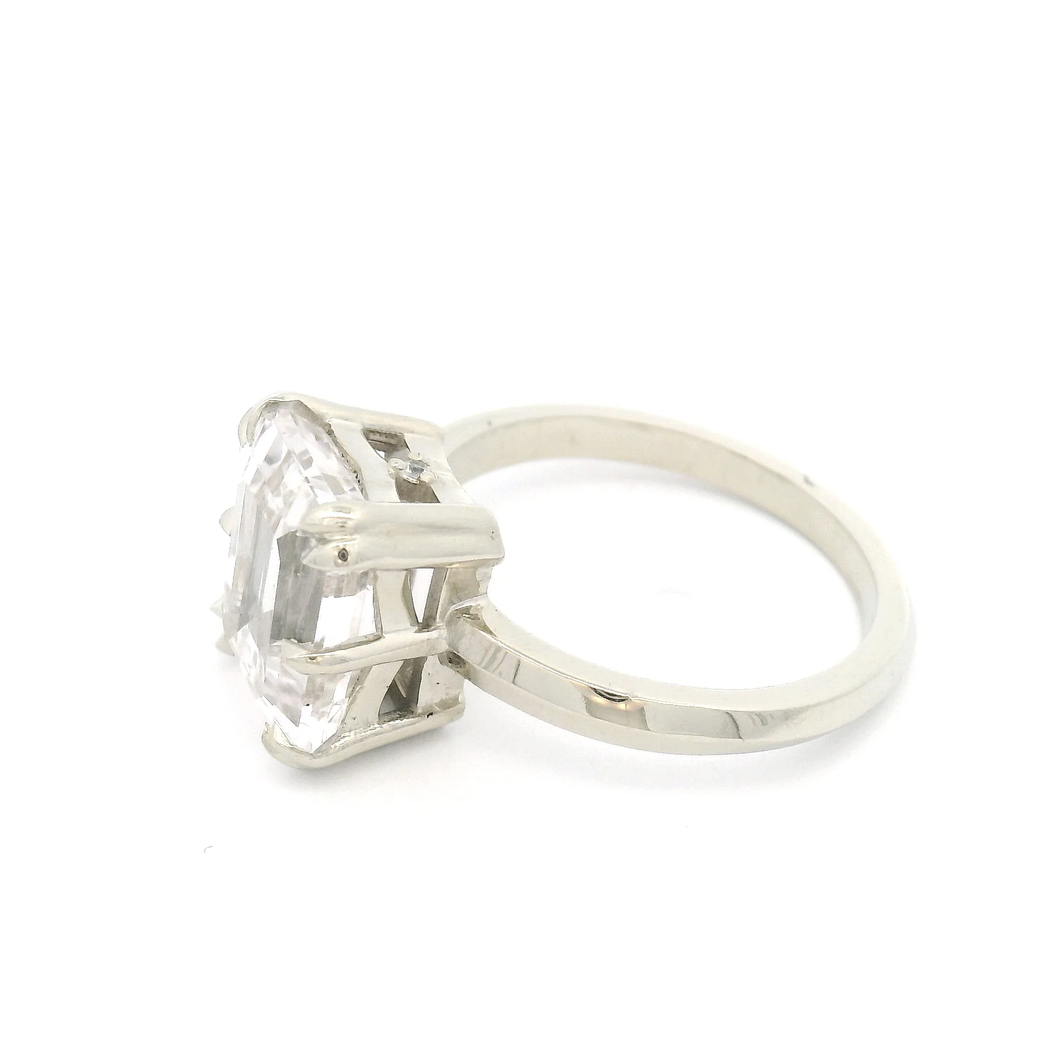 10k White Solitaire with 2.8ct Emerald-Cut White Sapphire and Accent Diamonds - Image 3