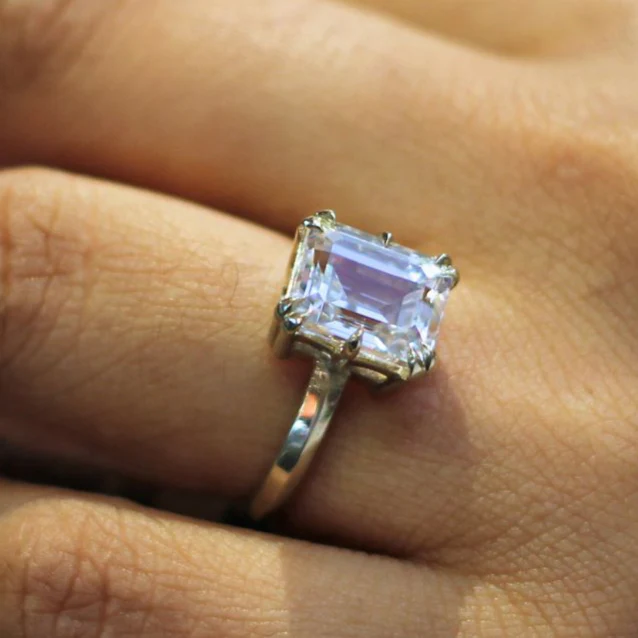 10k White Solitaire with 2.8ct Emerald-Cut White Sapphire and Accent Diamonds - Image 4