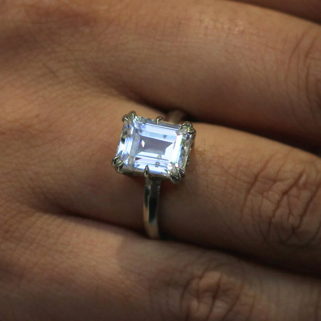 10k White Solitaire with 2.8ct Emerald-Cut White Sapphire and Accent Diamonds - Image 6