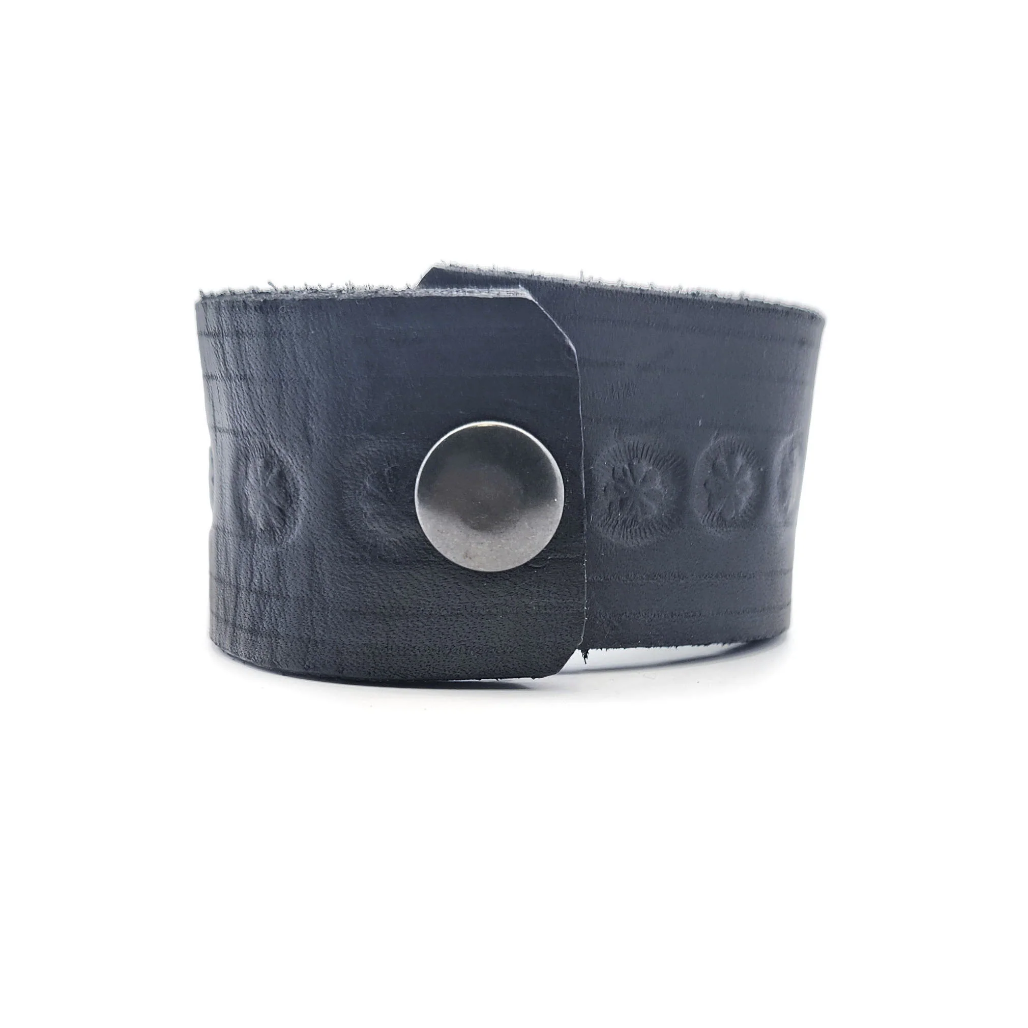 Wide Black Floral Leather Bracelet - Image 2