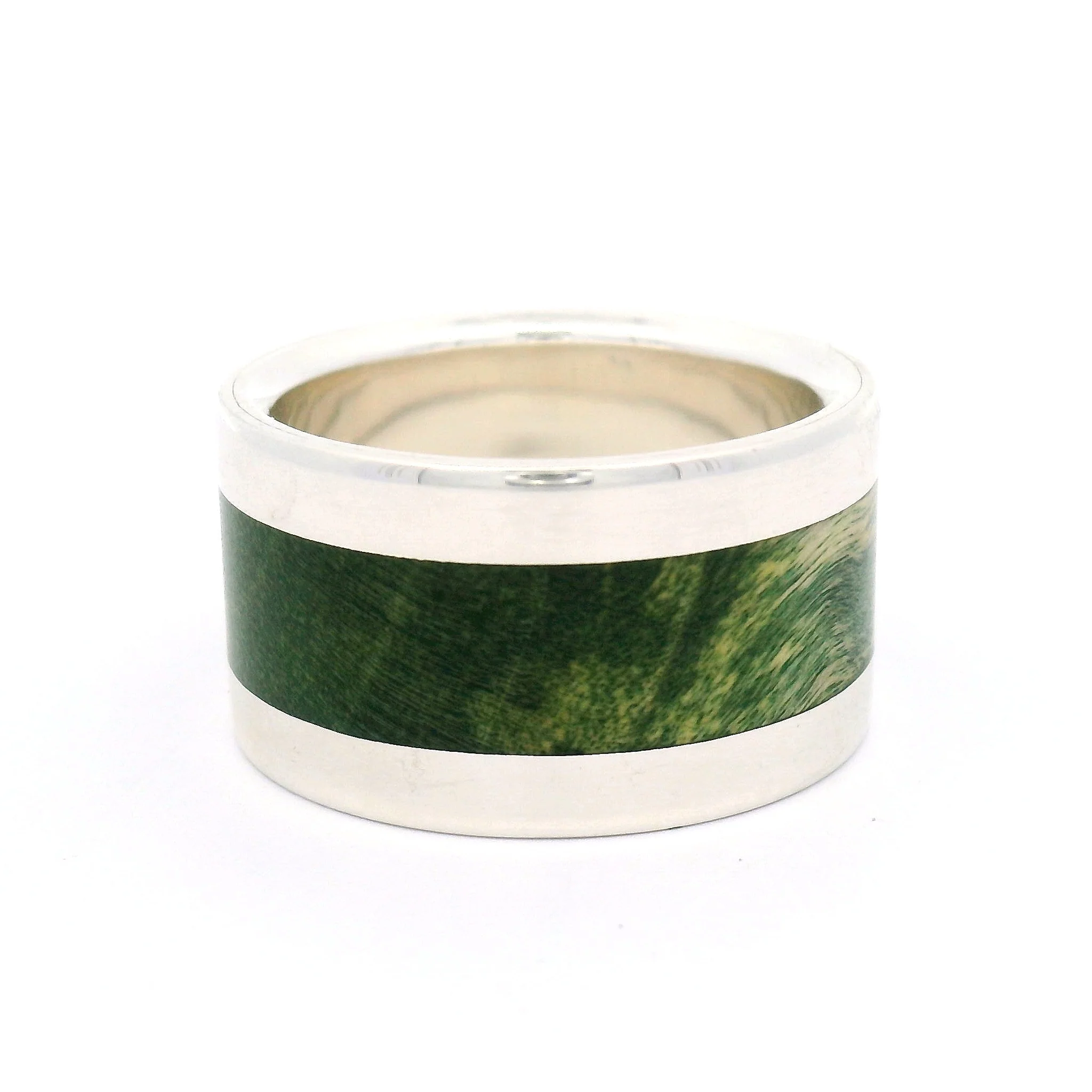 Sterling Silver 12mm Wide Band with Inlayed Green Burled Maple - Image 2