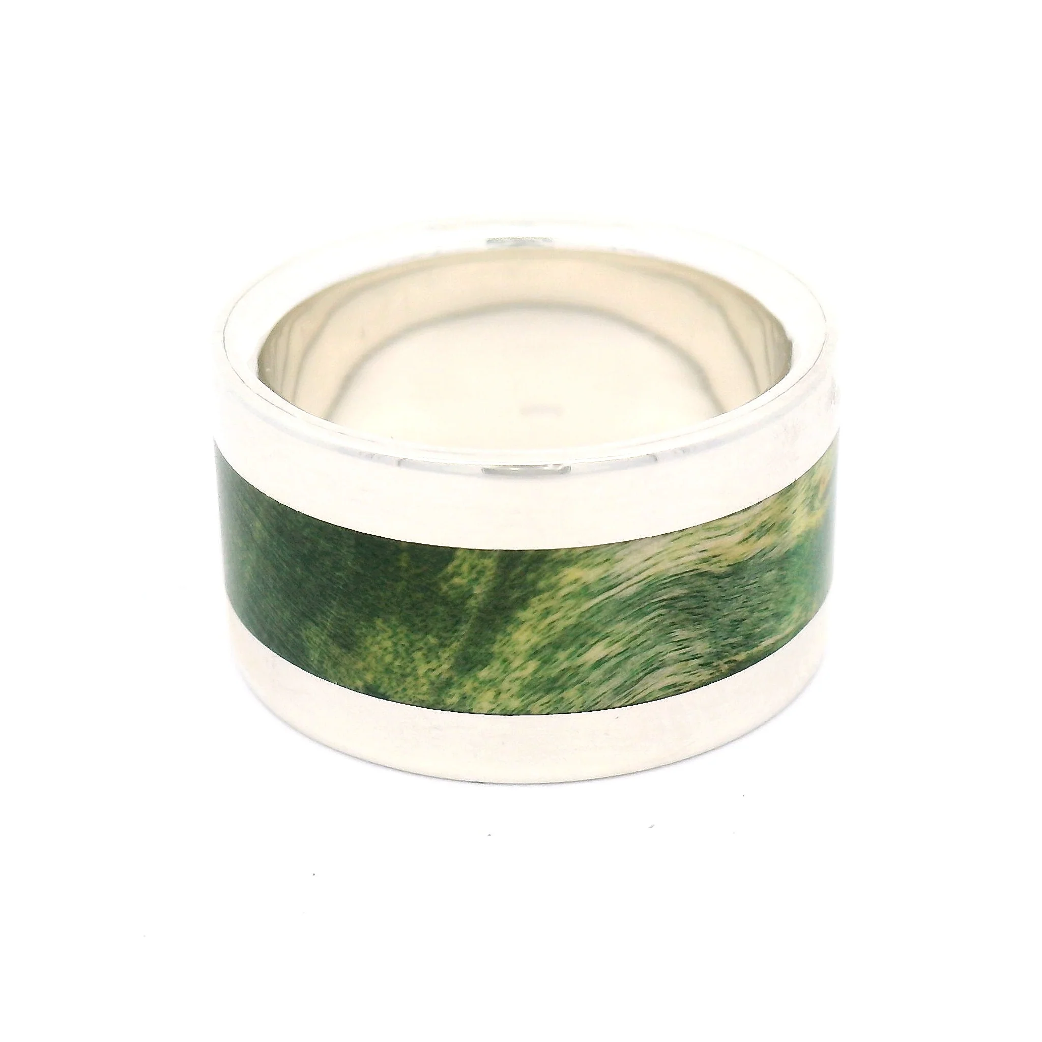 Sterling Silver 12mm Wide Band with Inlayed Green Burled Maple - Image 3