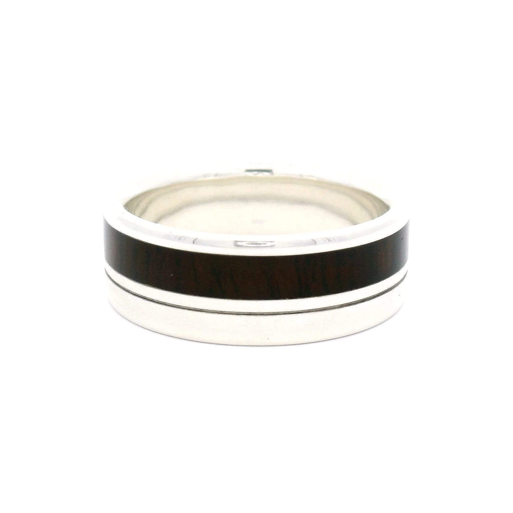 Sterling Silver 8.6mm Wide Band with Offset Inlayed Cocobolo Wood - Image 2