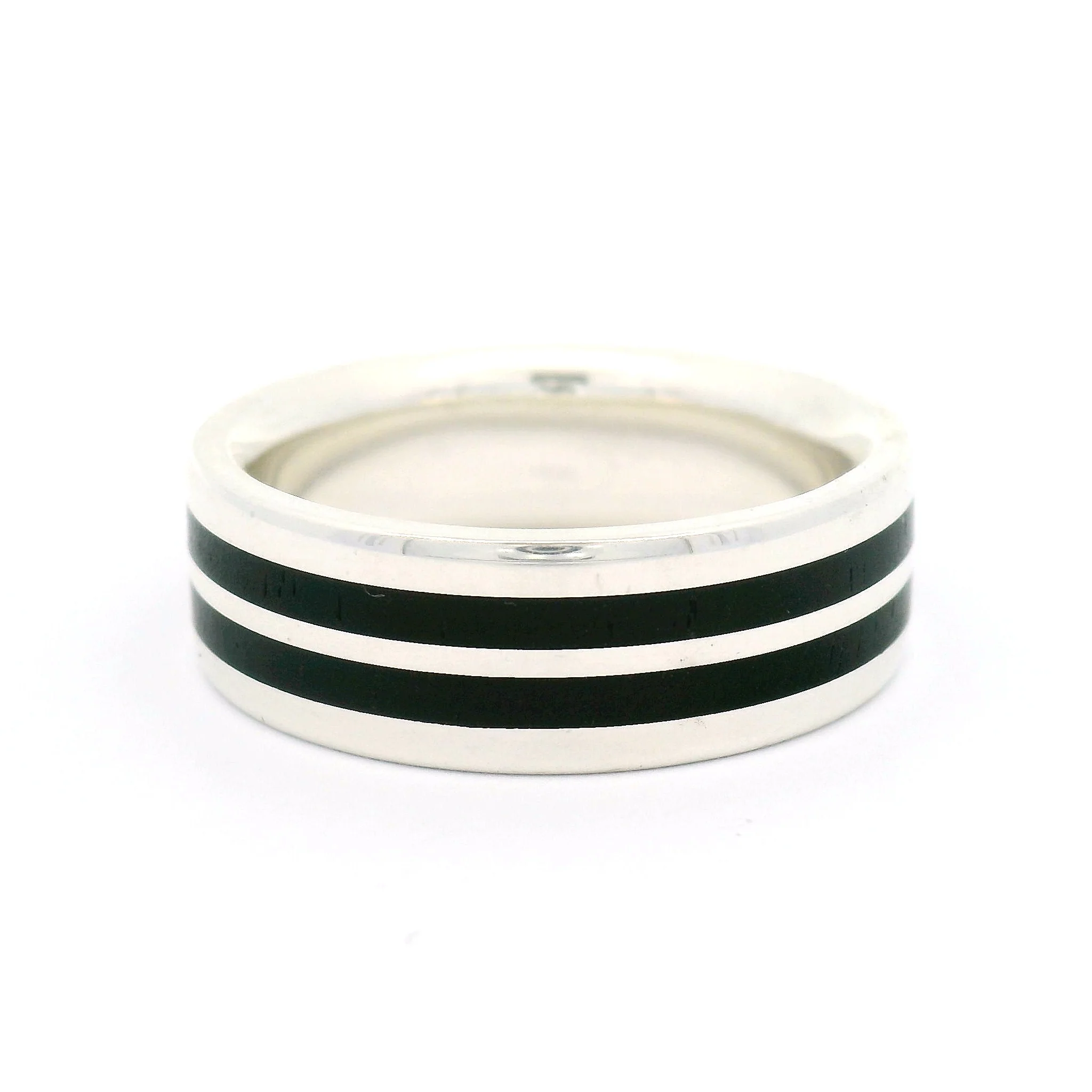 Sterling Silver 7mm Wide Band with Double Stripe of Inlayed Black Ebony Wood - Image 2