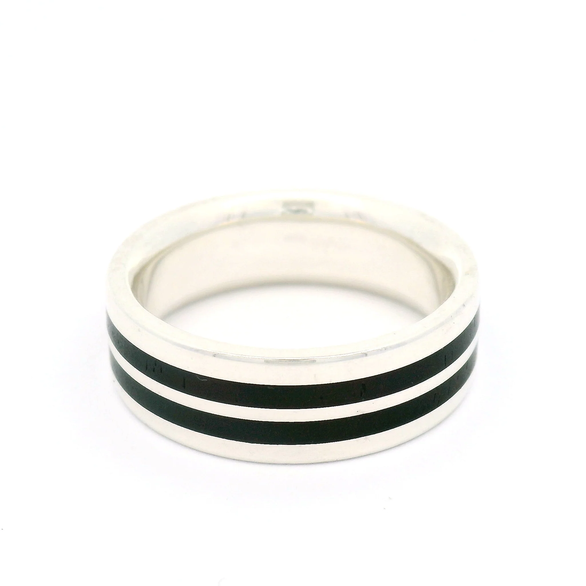Sterling Silver 7mm Wide Band with Double Stripe of Inlayed Black Ebony Wood - Image 3