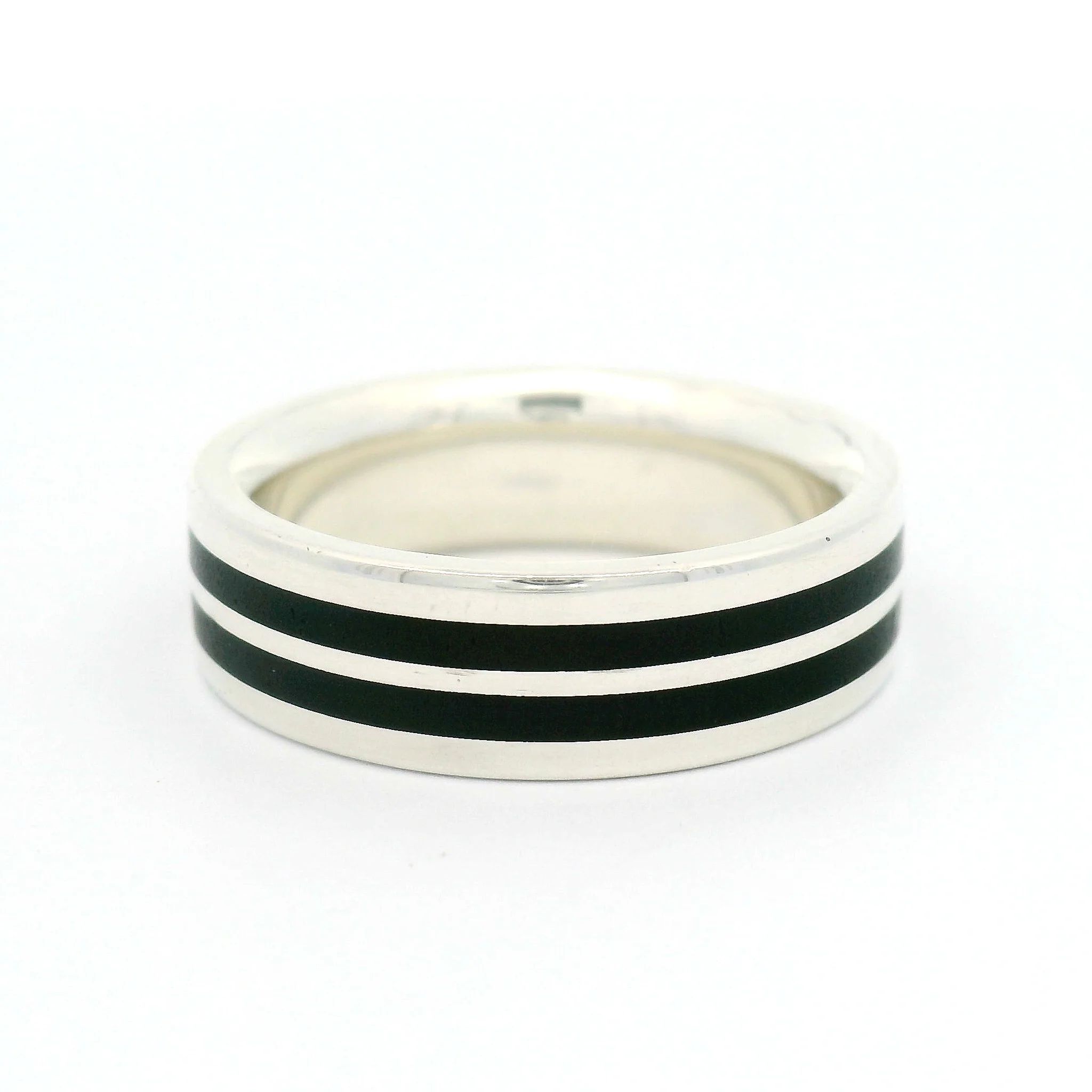 Sterling Silver 5.5mm Wide Band with Double Stripe of Inlayed Black Ebony Wood - Image 2