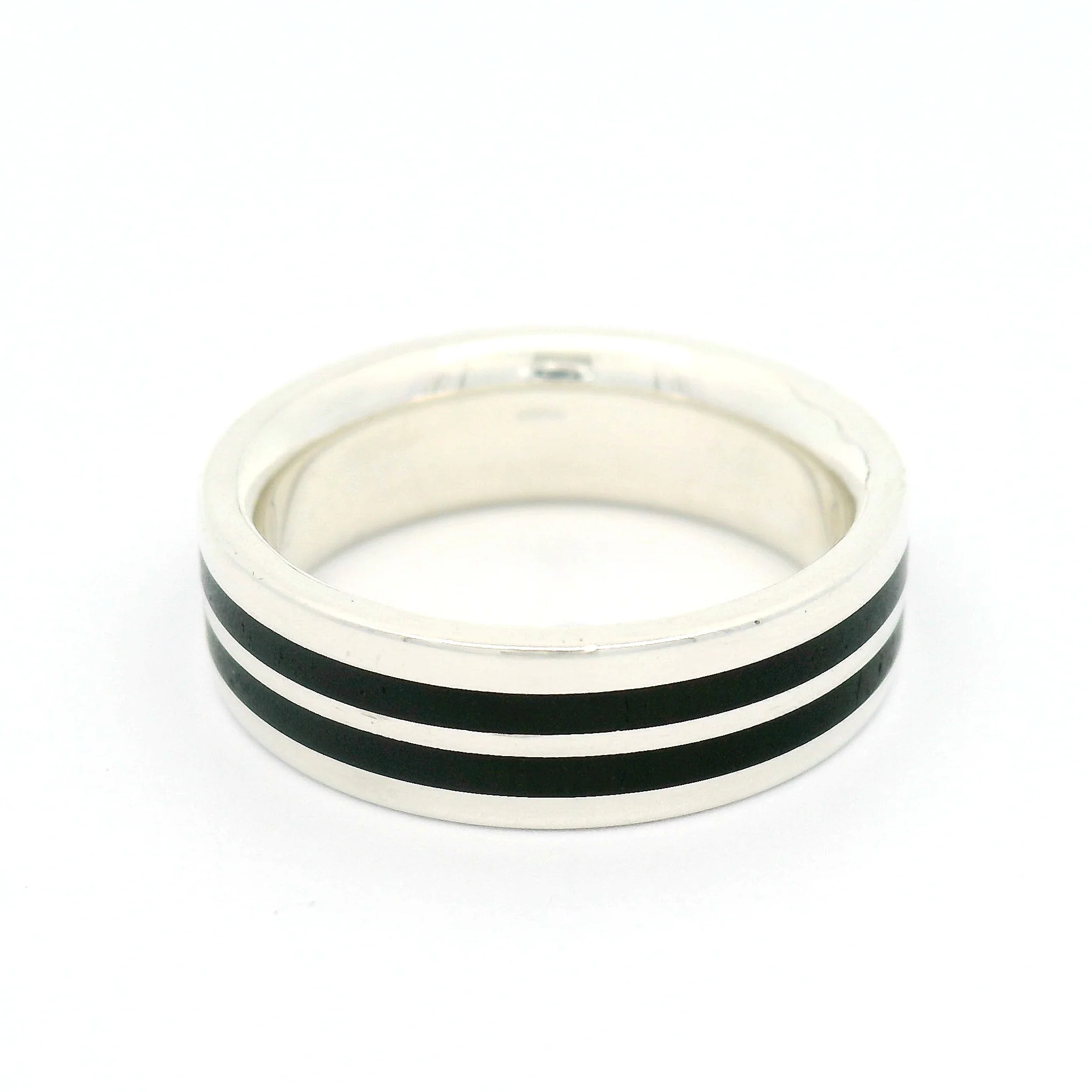 Sterling Silver 5.5mm Wide Band with Double Stripe of Inlayed Black Ebony Wood - Image 3