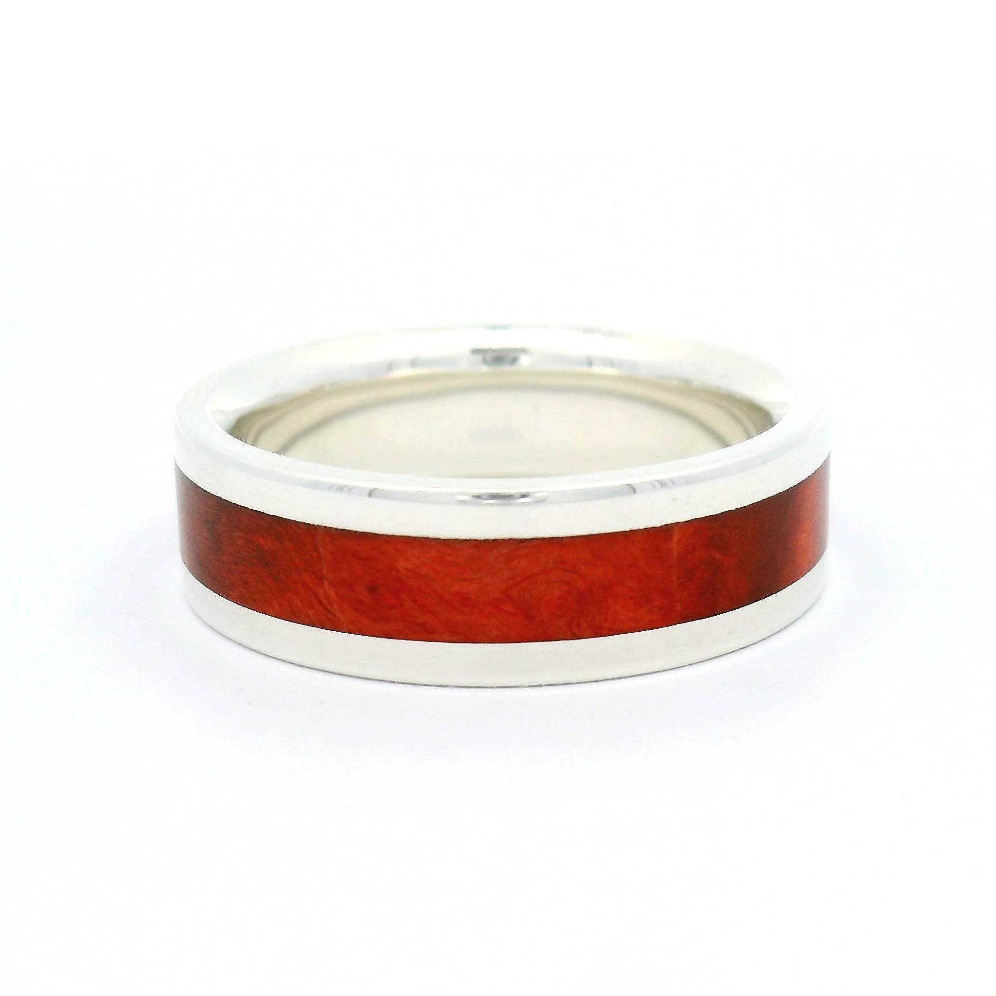 Sterling Silver 6.5mm Wide Band with Inlayed Red Burled Maple - Image 2