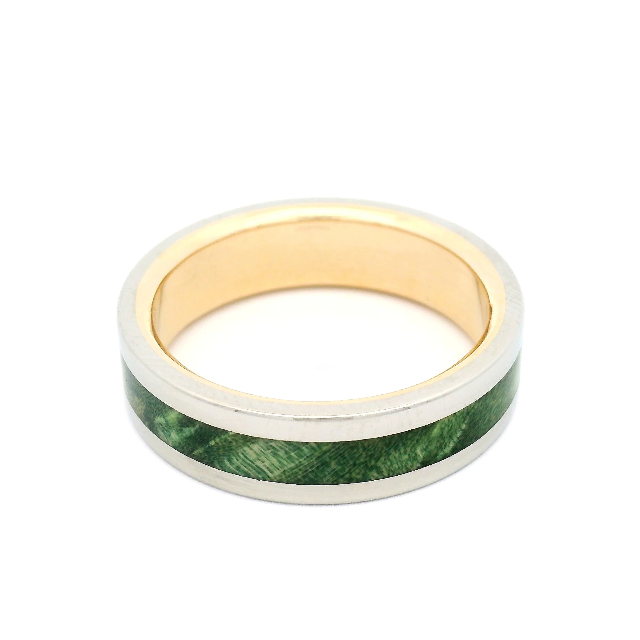 10k White and Yellow 6mm Wide Band with Inlayed Green Burled Maple - Image 3