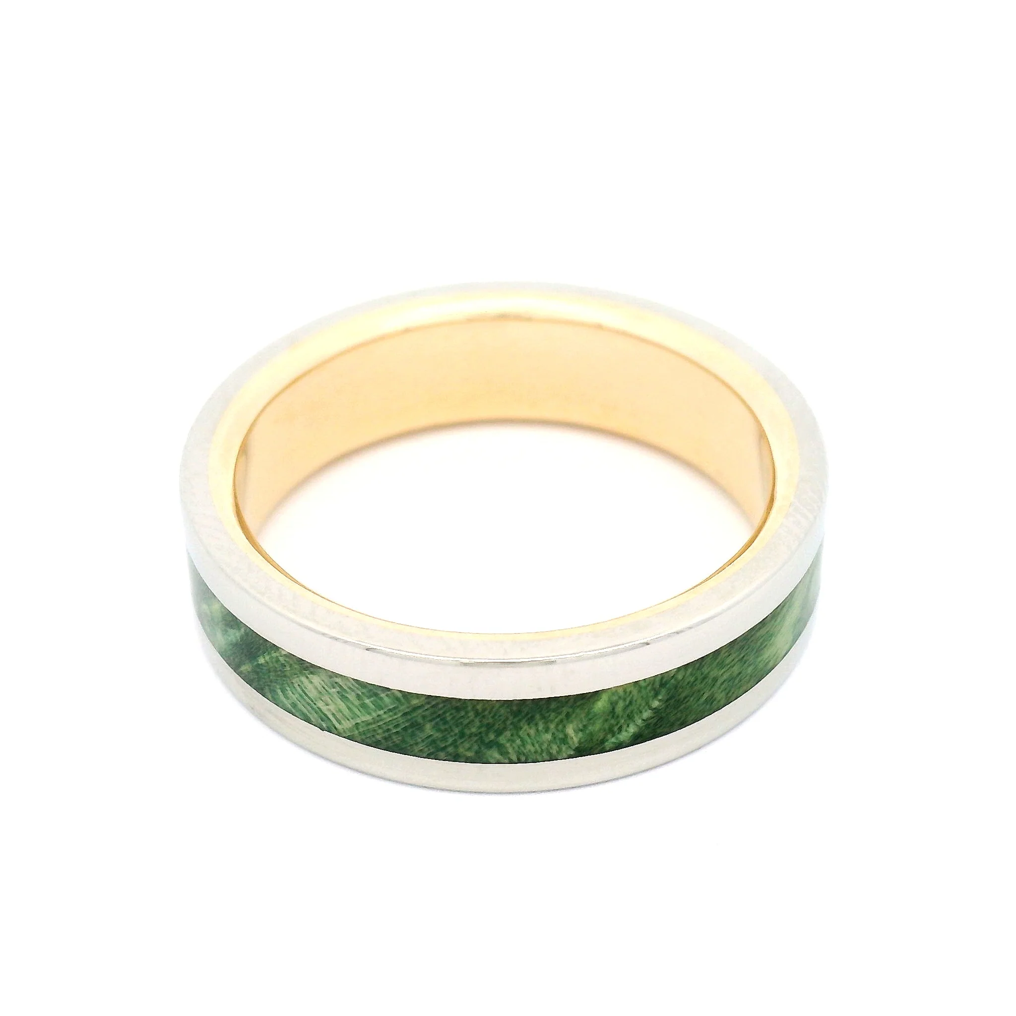 10k White and Yellow 6mm Wide Band with Inlayed Green Burled Maple - Image 4