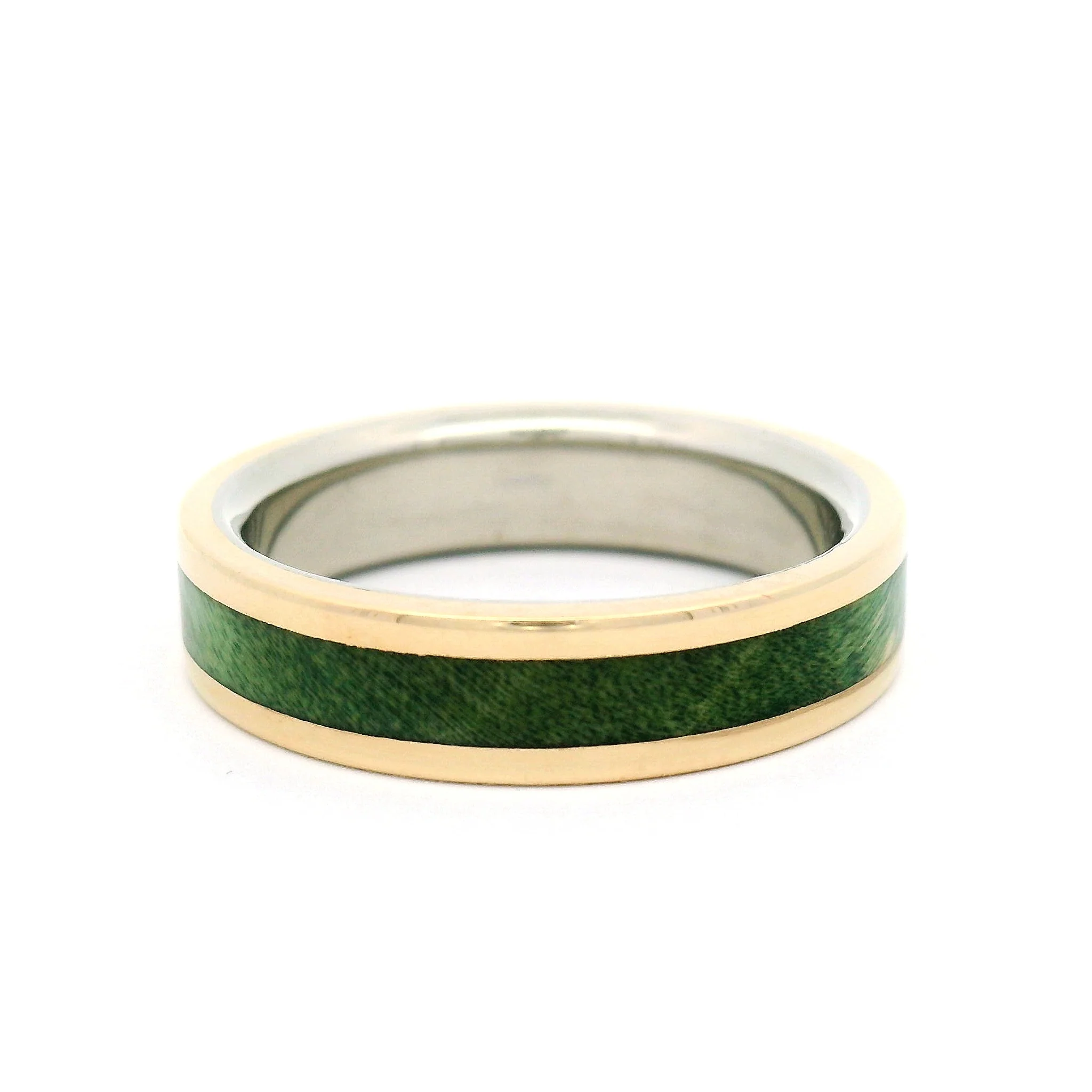 10k Yellow and White 5mm Wide Band with Inlayed Green Burled Maple - Image 2