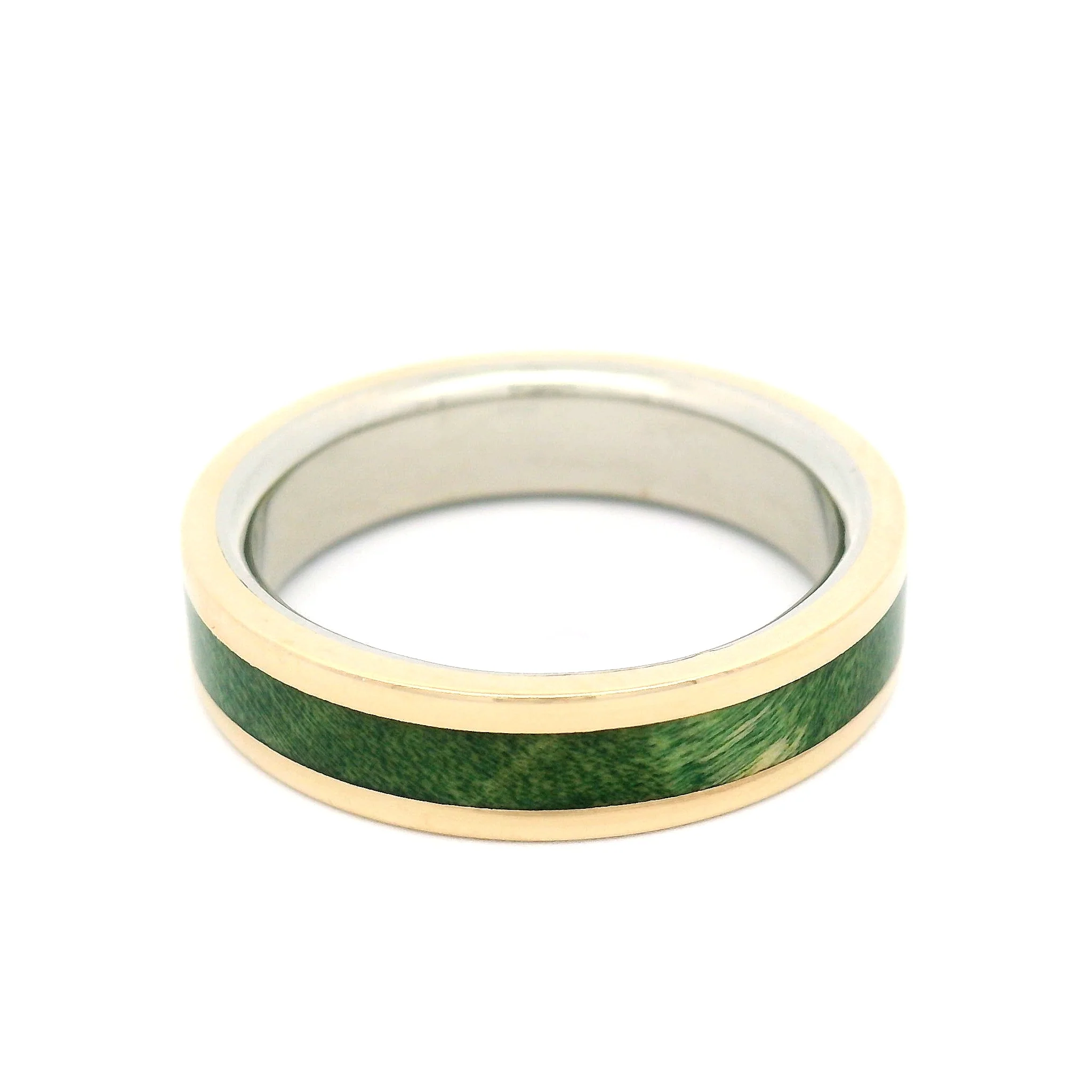 10k Yellow and White 5mm Wide Band with Inlayed Green Burled Maple - Image 3