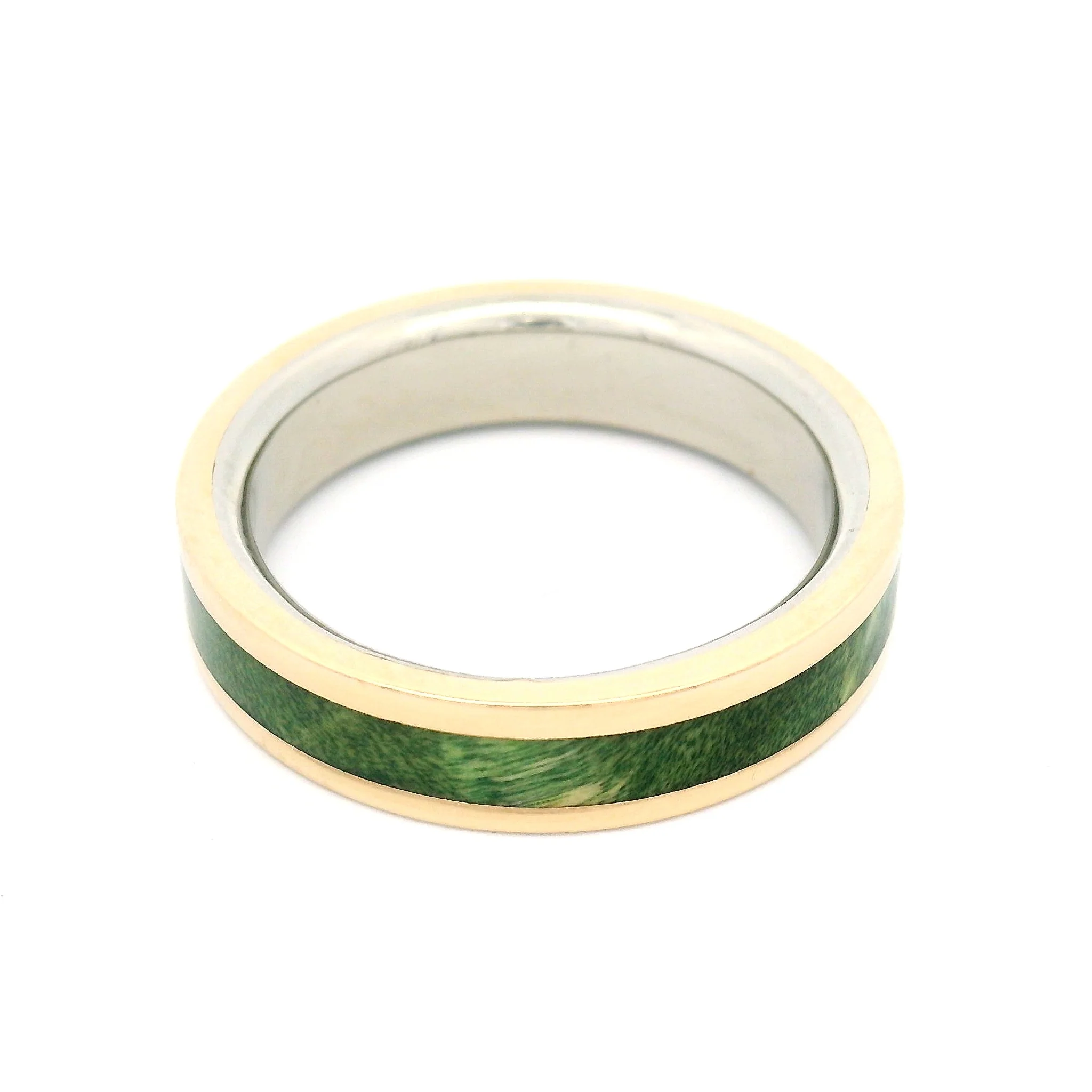 10k Yellow and White 5mm Wide Band with Inlayed Green Burled Maple - Image 4