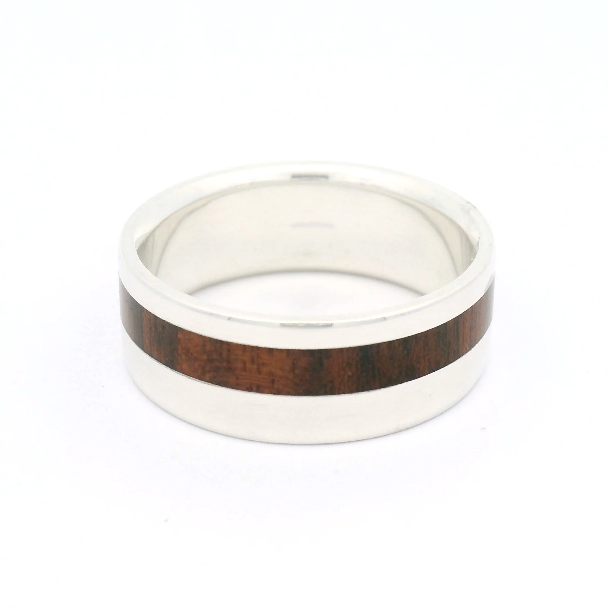 Sterling Silver 8.5mm Wide Band with Offset Inlayed Bubinga Wood - Image 3