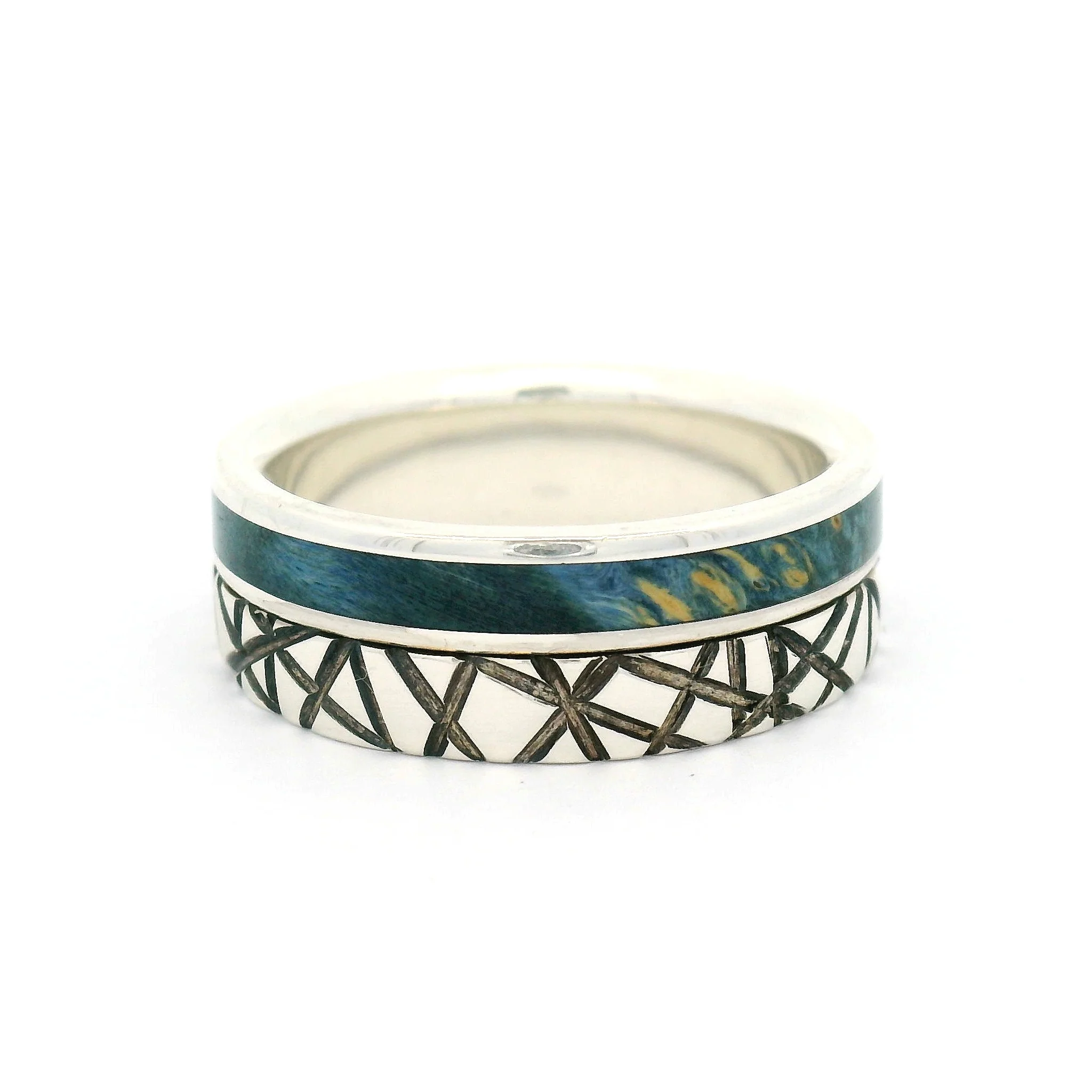Sterling Silver 7.5mm Wide Engraved Line Band with Offset Inlayed Blue Burled Maple - Image 2