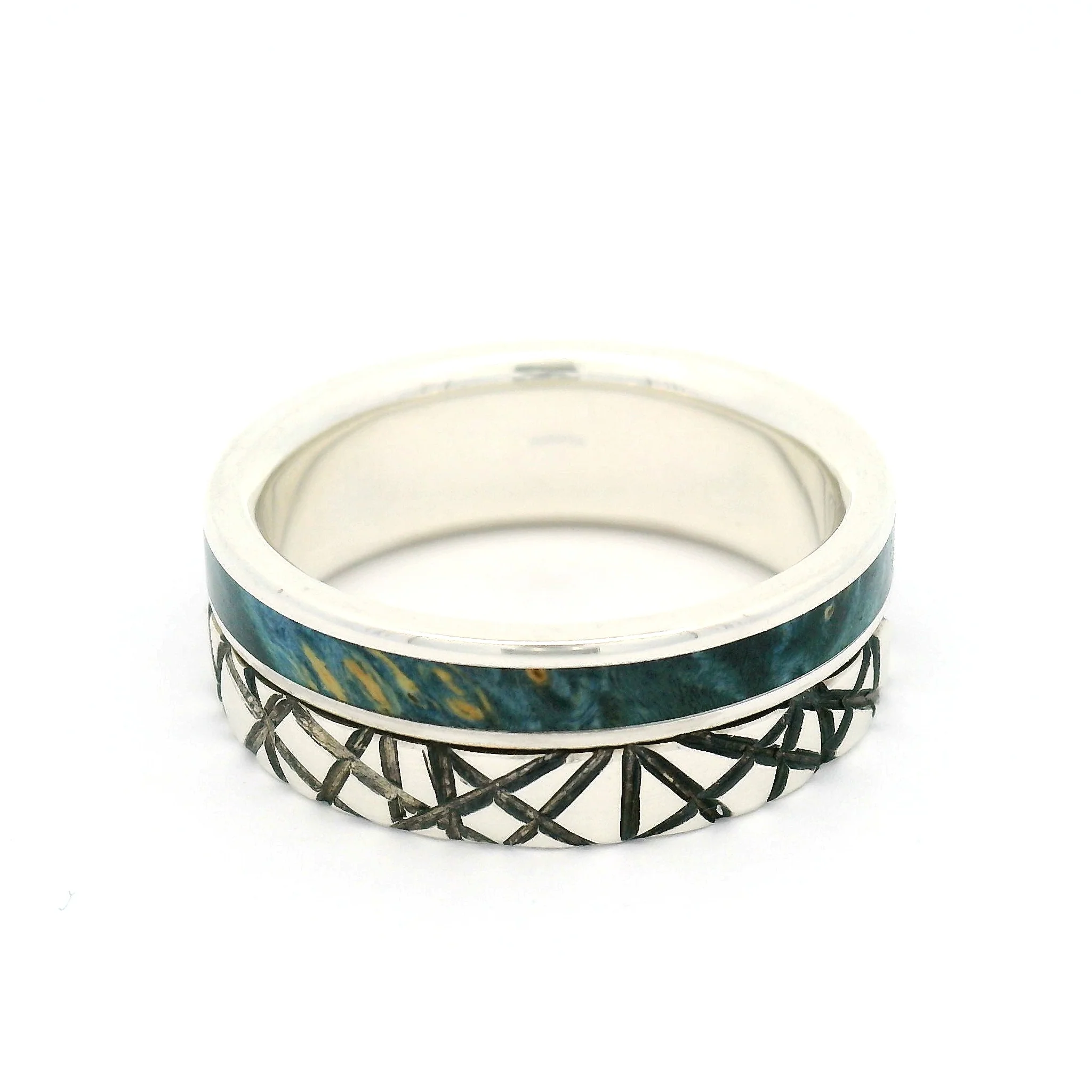 Sterling Silver 7.5mm Wide Engraved Line Band with Offset Inlayed Blue Burled Maple - Image 3