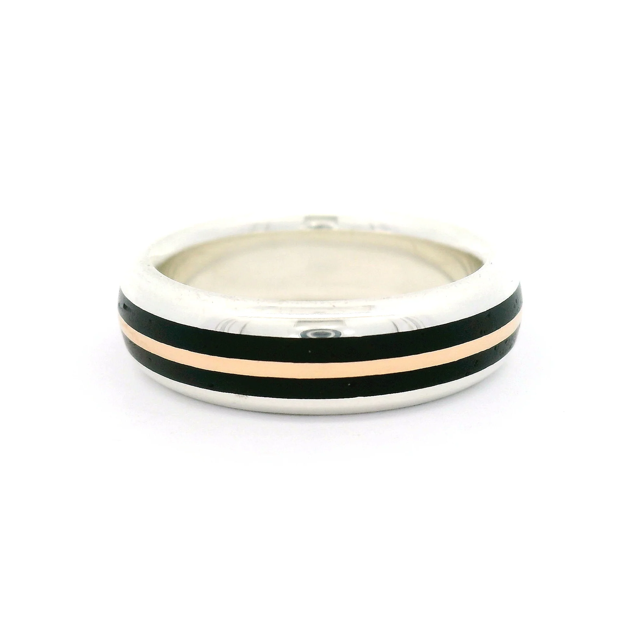 Sterling Silver 5.4mm Wide Half-Round Band with Inlayed 10k Rose Gold and Cocobolo Wood - Image 2