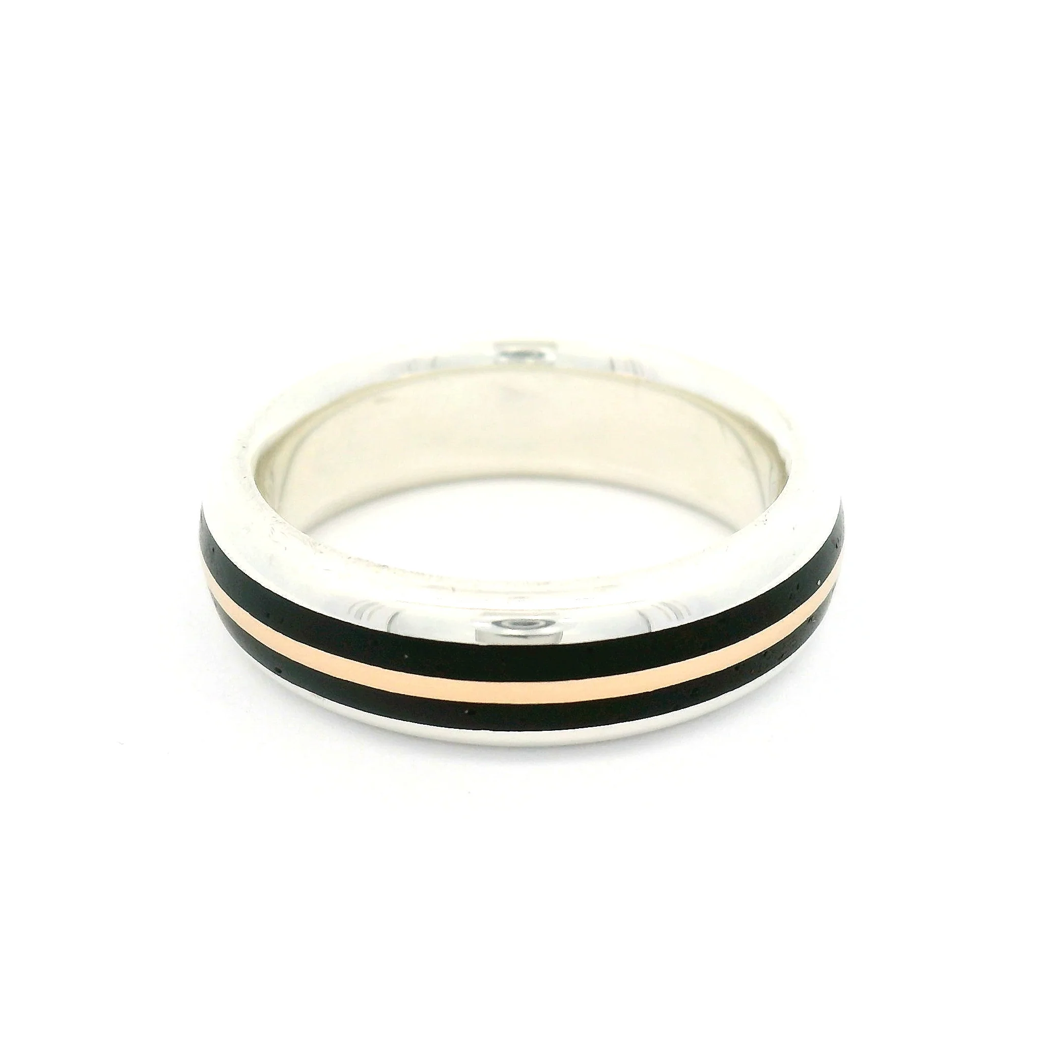 Sterling Silver 5.4mm Wide Half-Round Band with Inlayed 10k Rose Gold and Cocobolo Wood - Image 3