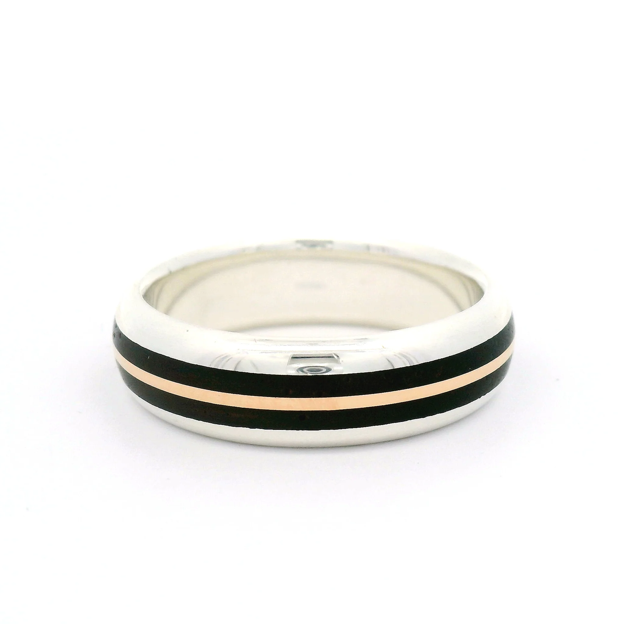 Sterling Silver 6.2mm Wide Half-Round Band with Inlayed 10k Rose Gold and Cocobolo Wood - Image 2