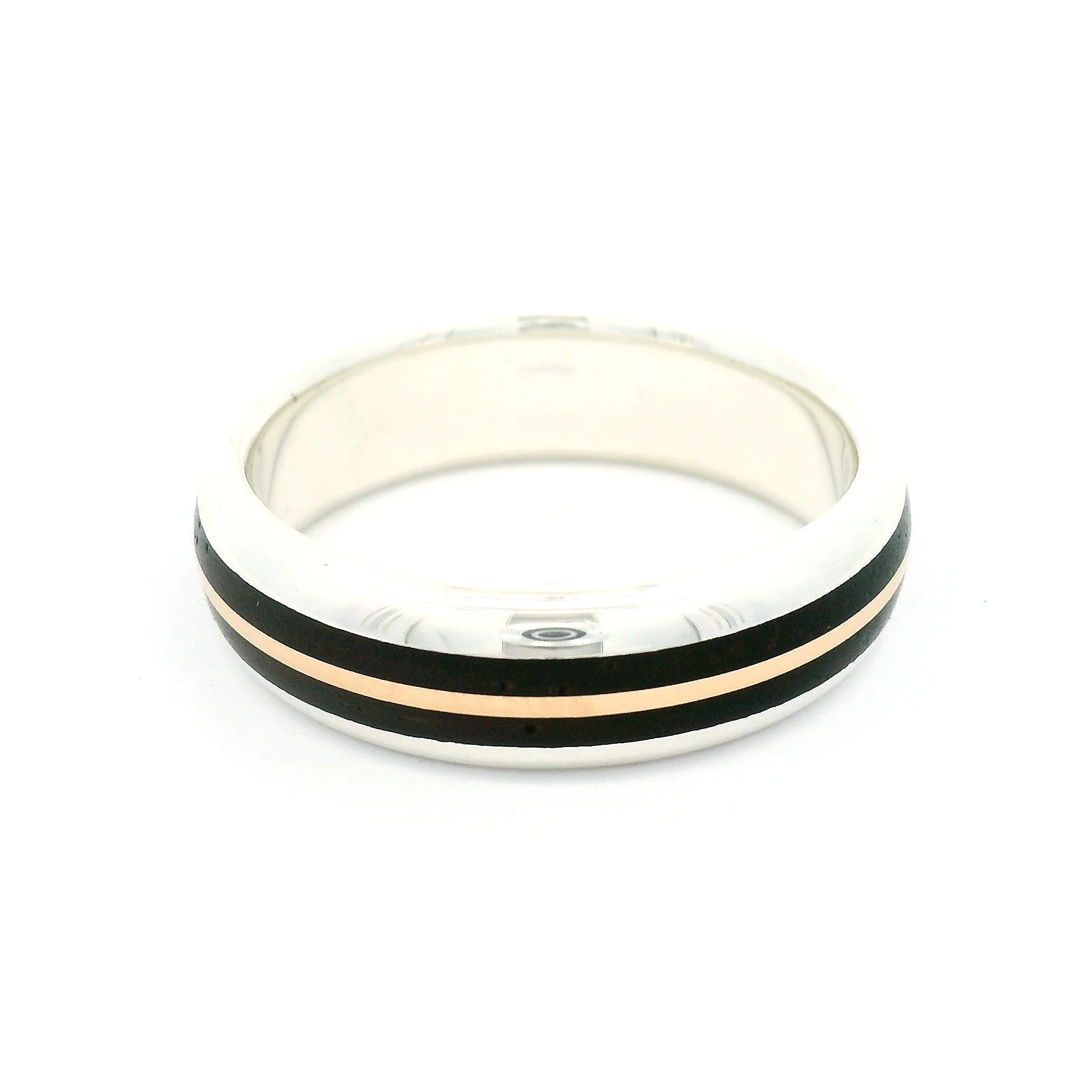 Sterling Silver 6.2mm Wide Half-Round Band with Inlayed 10k Rose Gold and Cocobolo Wood - Image 3