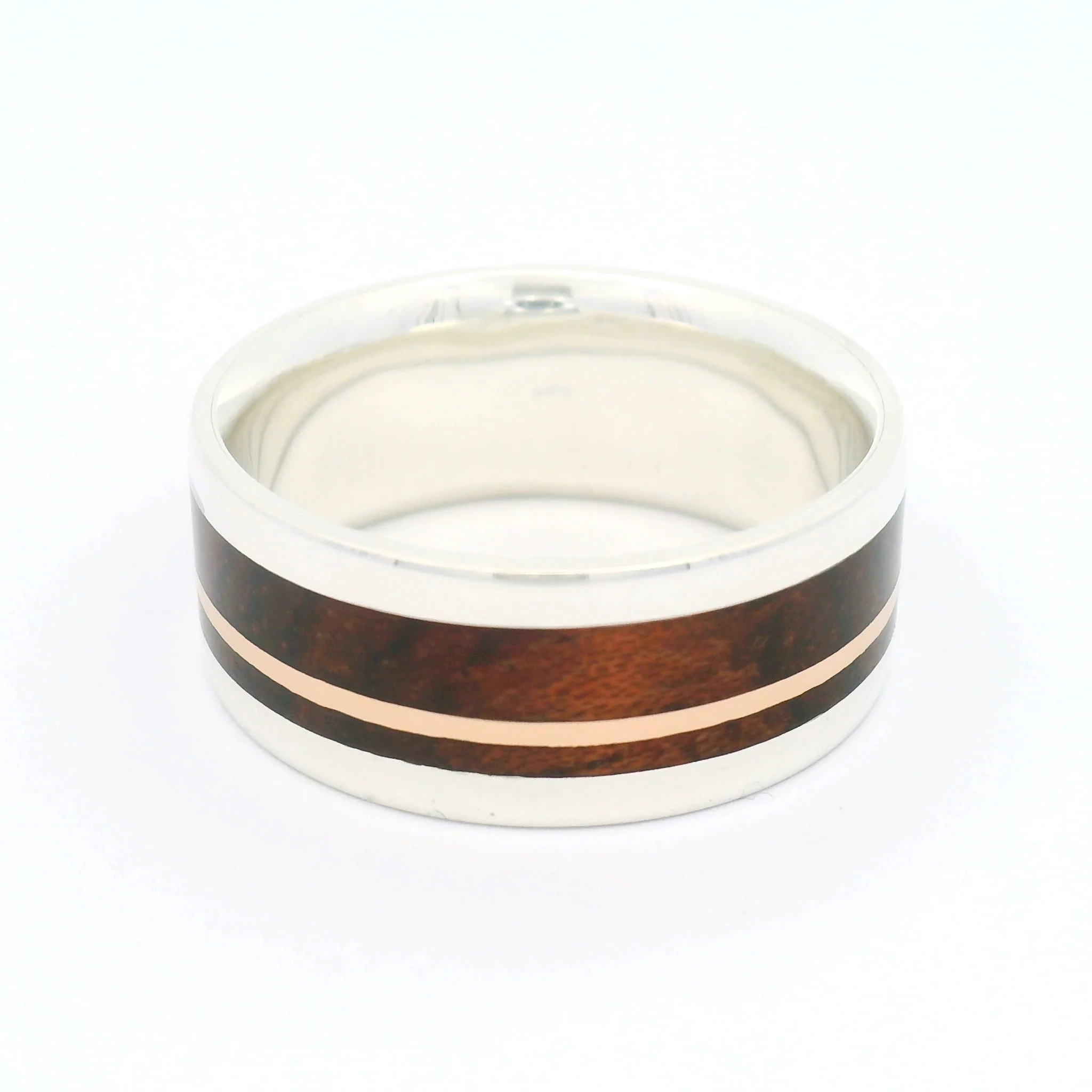 Sterling Silver 8.5mm Wide Band with Inlayed 10k Rose Gold and Padauk Wood - Image 3