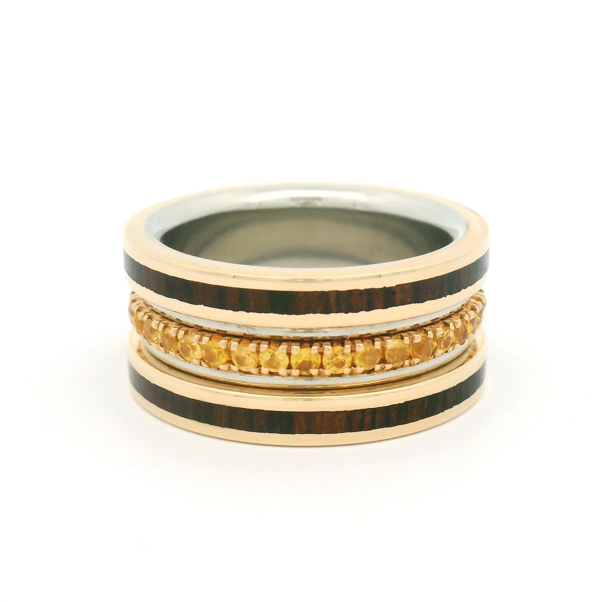 10k White and Yellow Wide Eternity with 1.1cts Yellow Sapphires and Inlayed Cocobolo Wood - Image 2